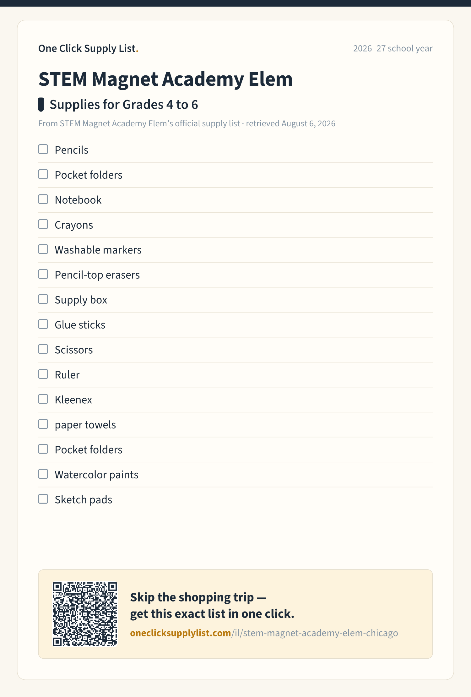STEM Magnet Academy Elem Supplies for Grades 4 to 6 supply list — printable image