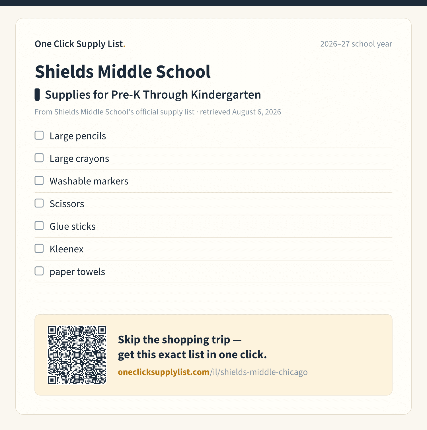 Shields Middle School Supplies for Pre-K Through Kindergarten supply list — printable image