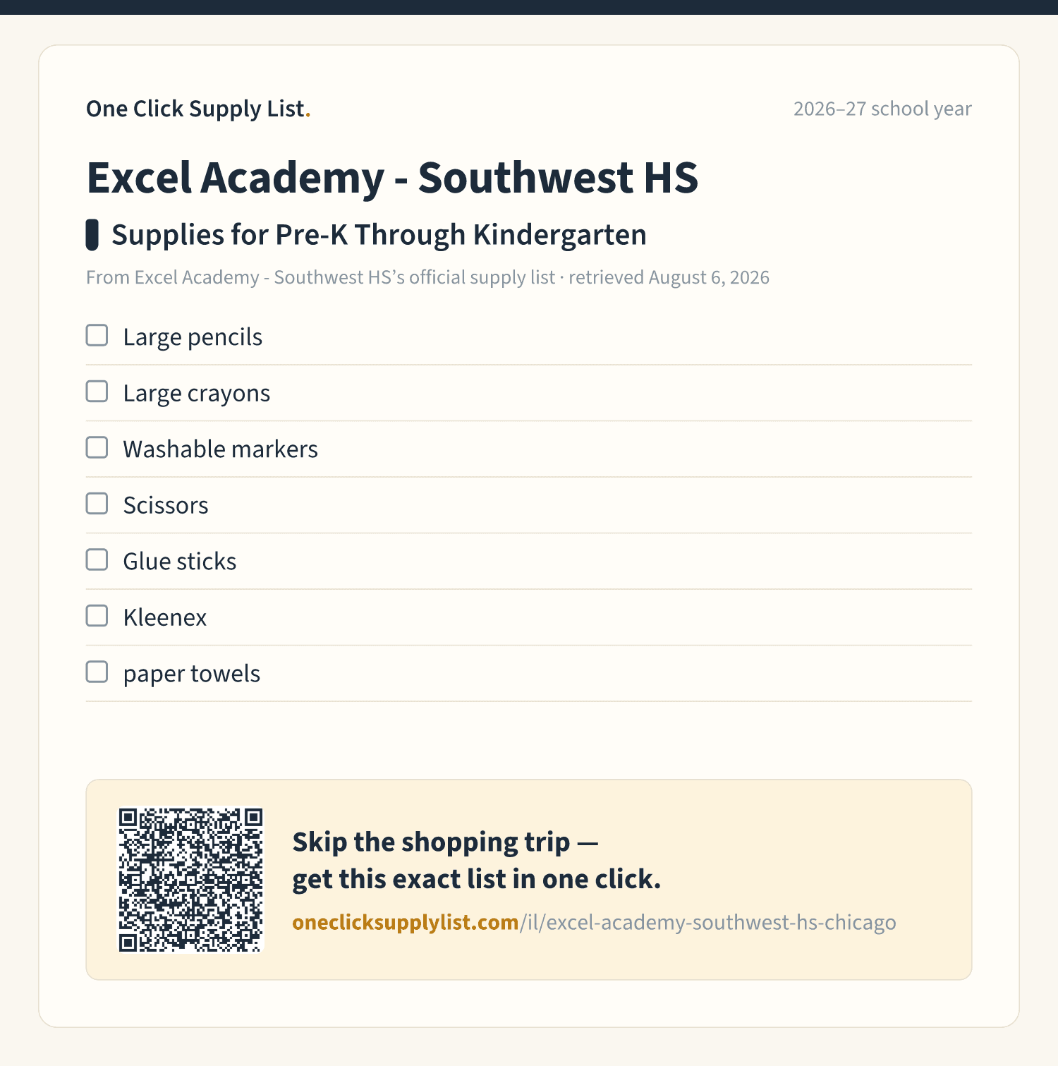 Excel Academy - Southwest HS Supplies for Pre-K Through Kindergarten supply list — printable image