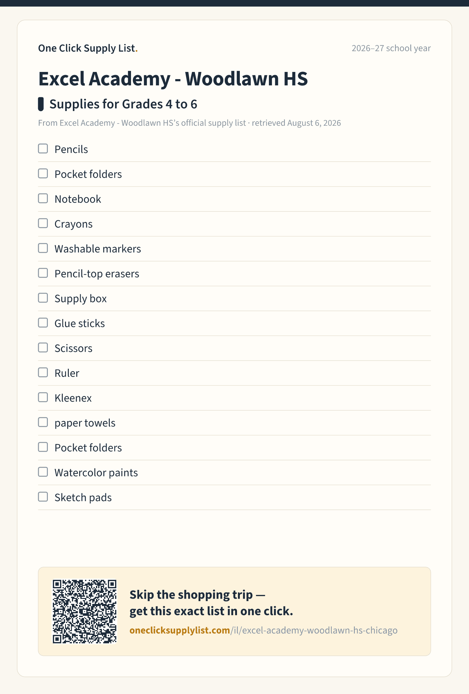 Excel Academy - Woodlawn HS Supplies for Grades 4 to 6 supply list — printable image