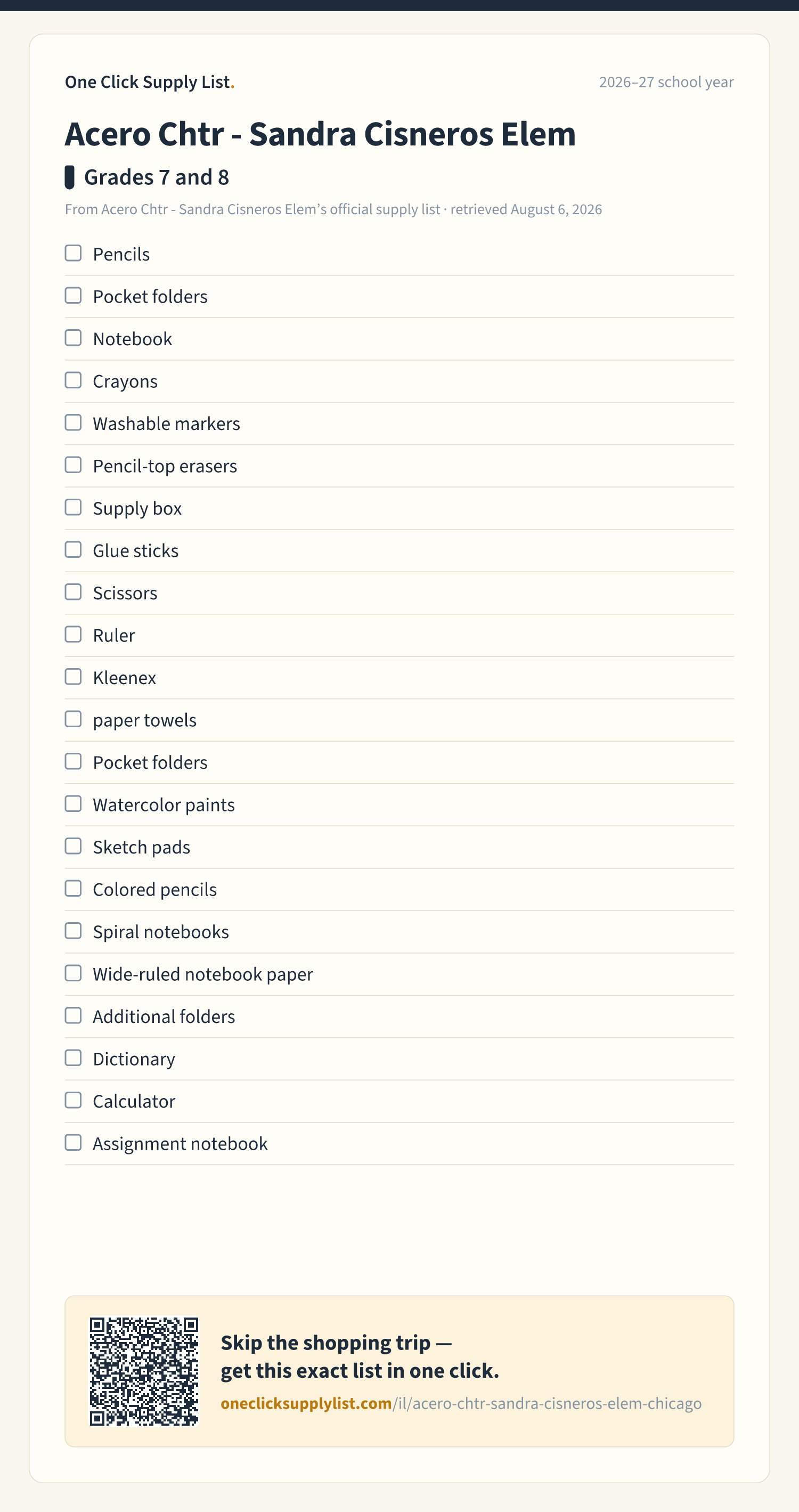 Acero Chtr - Sandra Cisneros Elem Grades 7 and 8 supply list — printable image