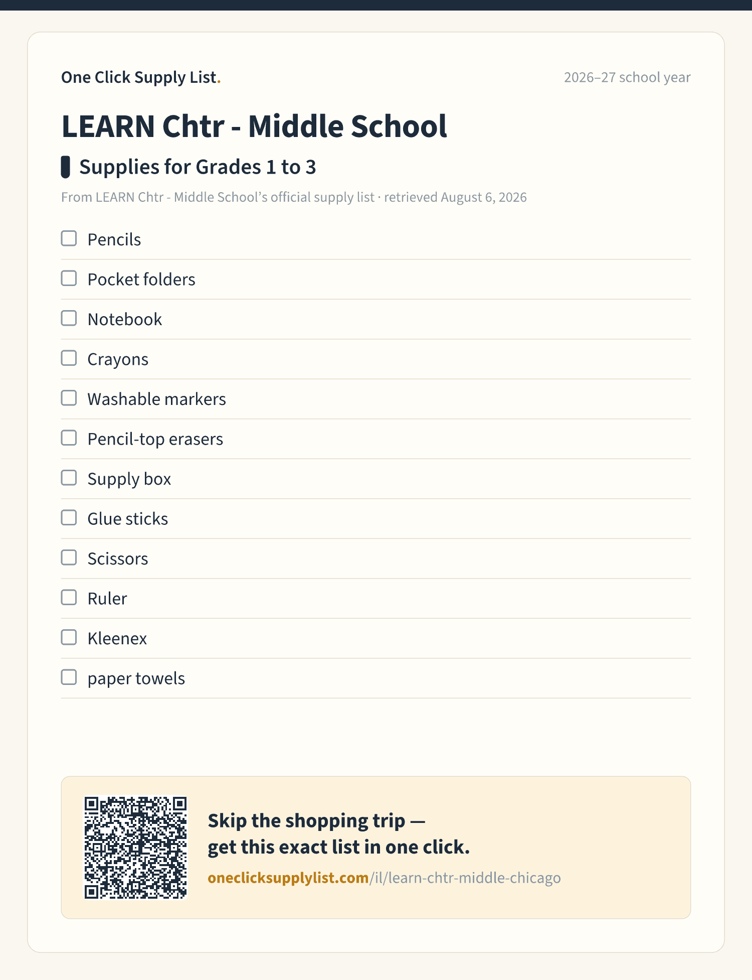 LEARN Chtr - Middle School Supplies for Grades 1 to 3 supply list — printable image