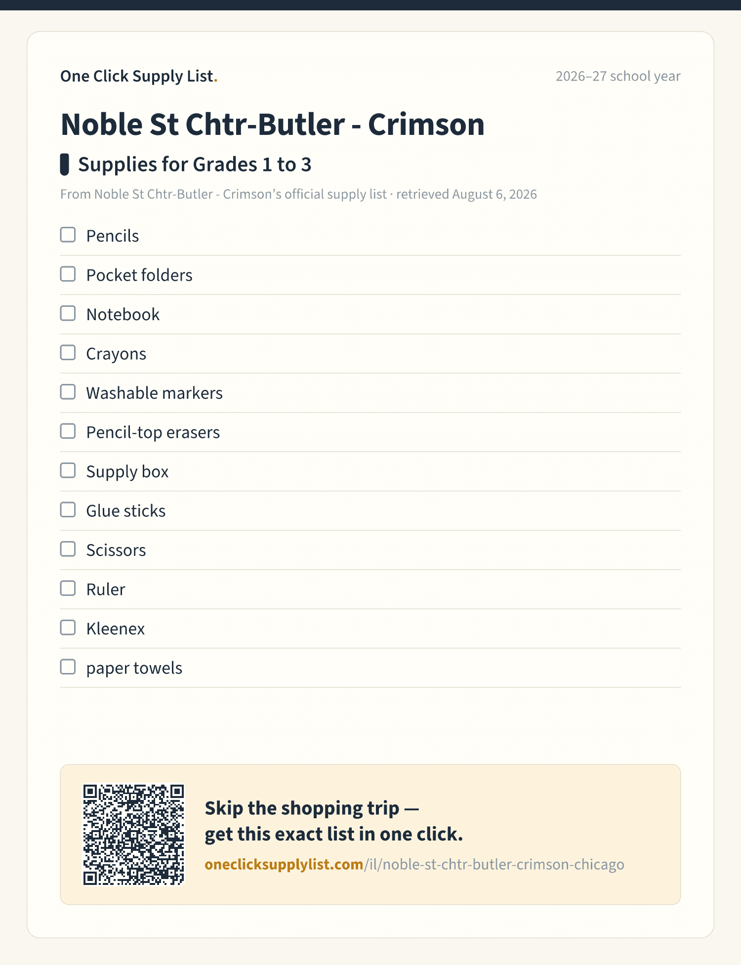 Noble St Chtr-Butler - Crimson Supplies for Grades 1 to 3 supply list — printable image