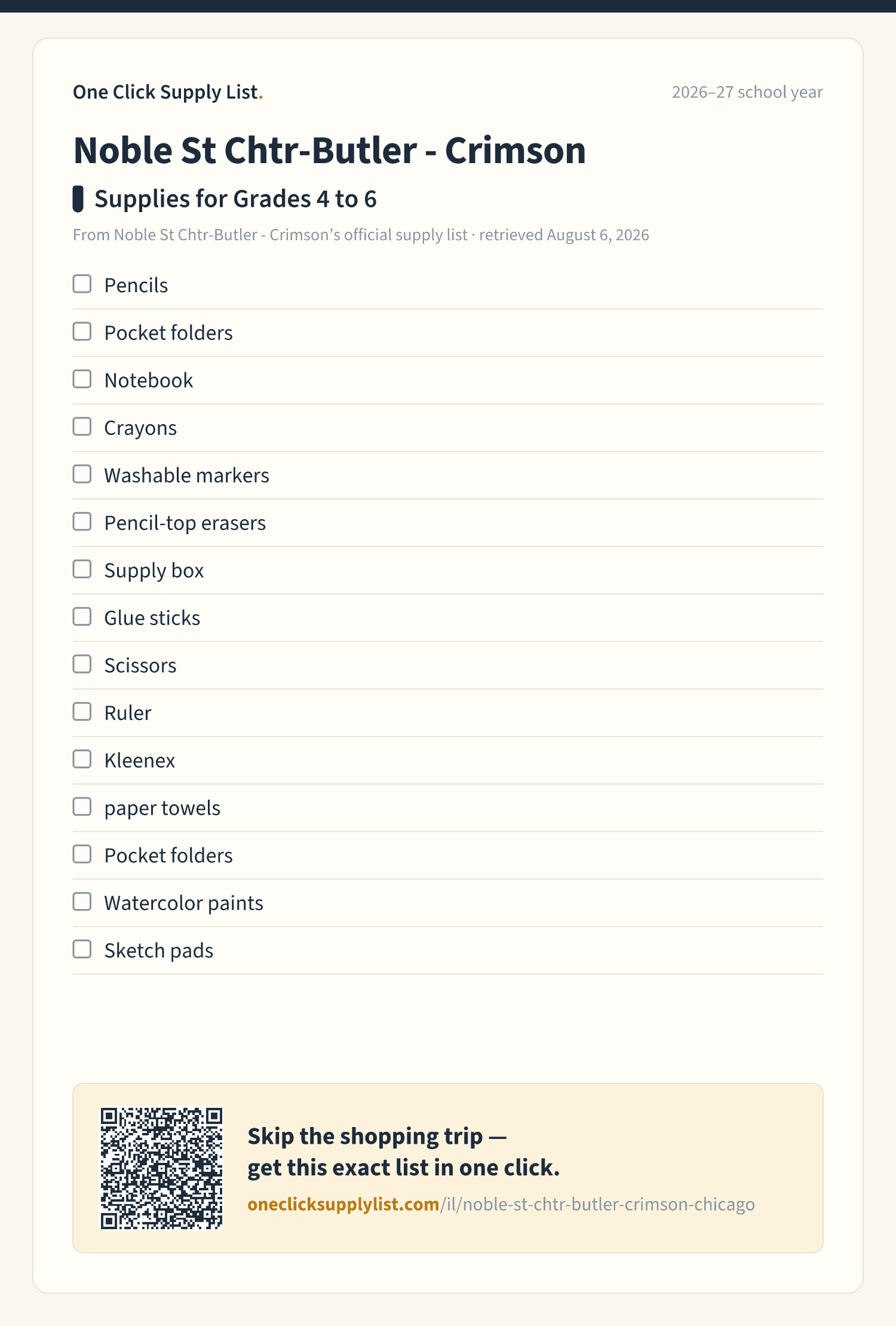Noble St Chtr-Butler - Crimson Supplies for Grades 4 to 6 supply list — printable image