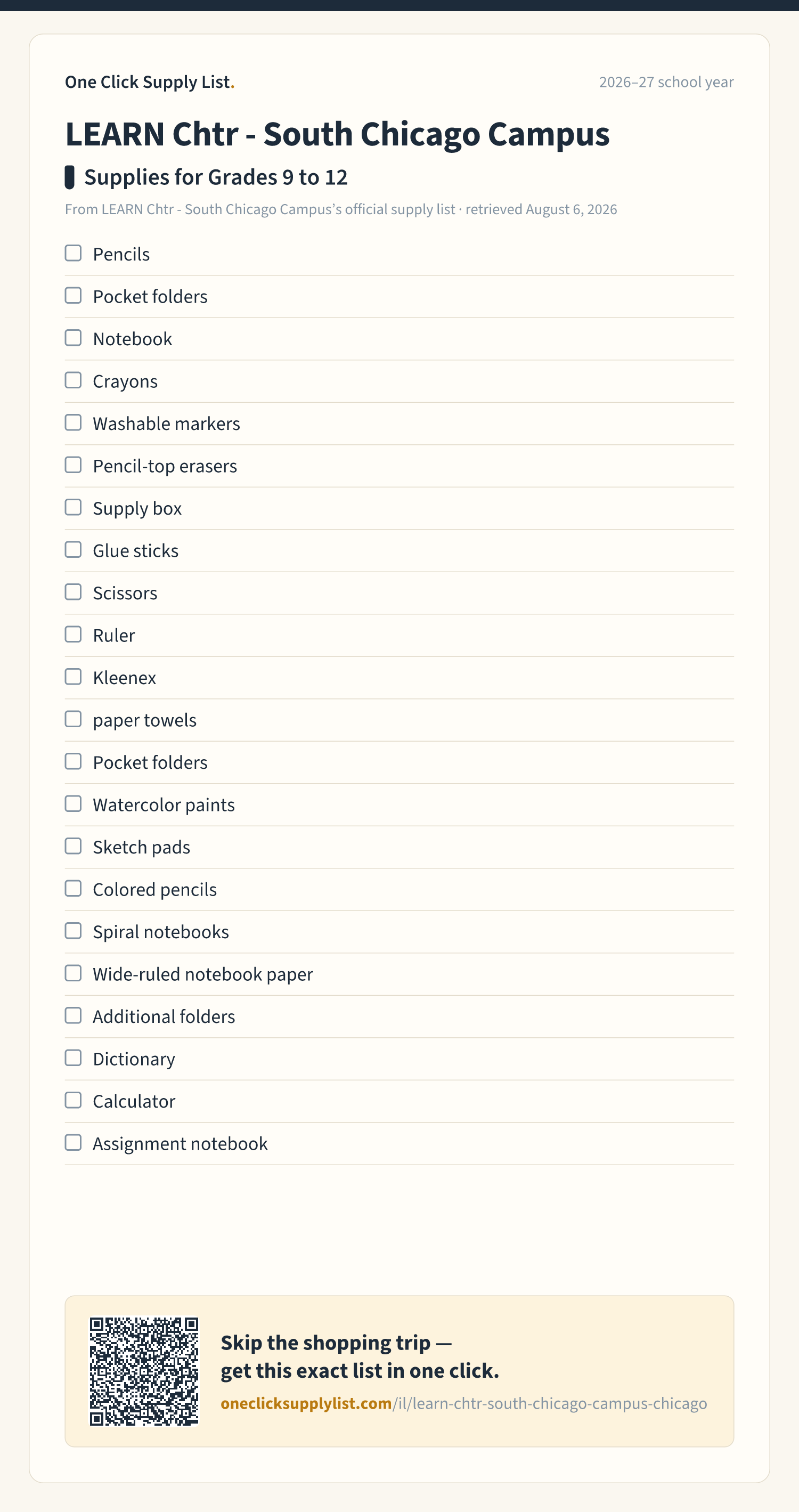 LEARN Chtr - South Chicago Campus Supplies for Grades 9 to 12 supply list — printable image