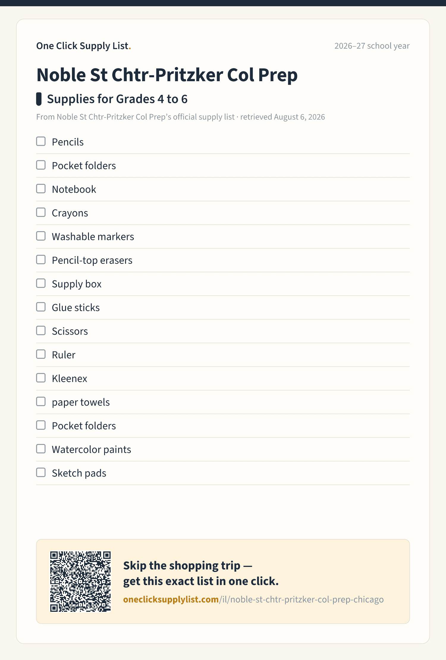 Noble St Chtr-Pritzker Col Prep Supplies for Grades 4 to 6 supply list — printable image