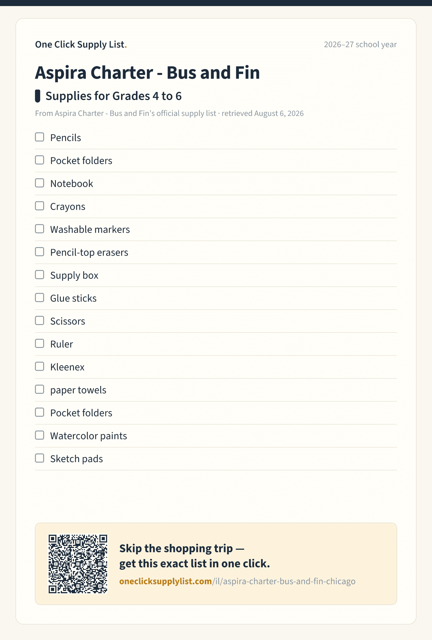 Aspira Charter - Bus and Fin Supplies for Grades 4 to 6 supply list — printable image