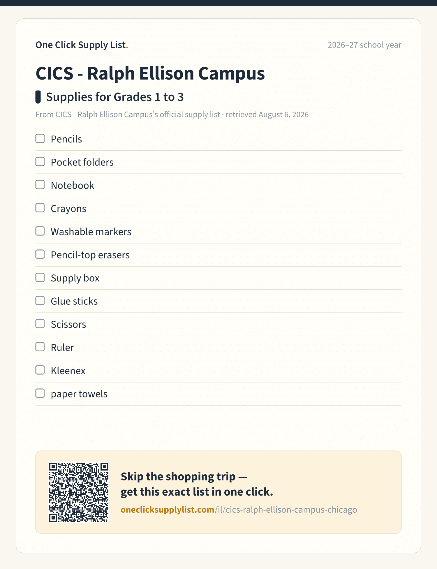 CICS - Ralph Ellison Campus Supplies for Grades 1 to 3 supply list — printable image