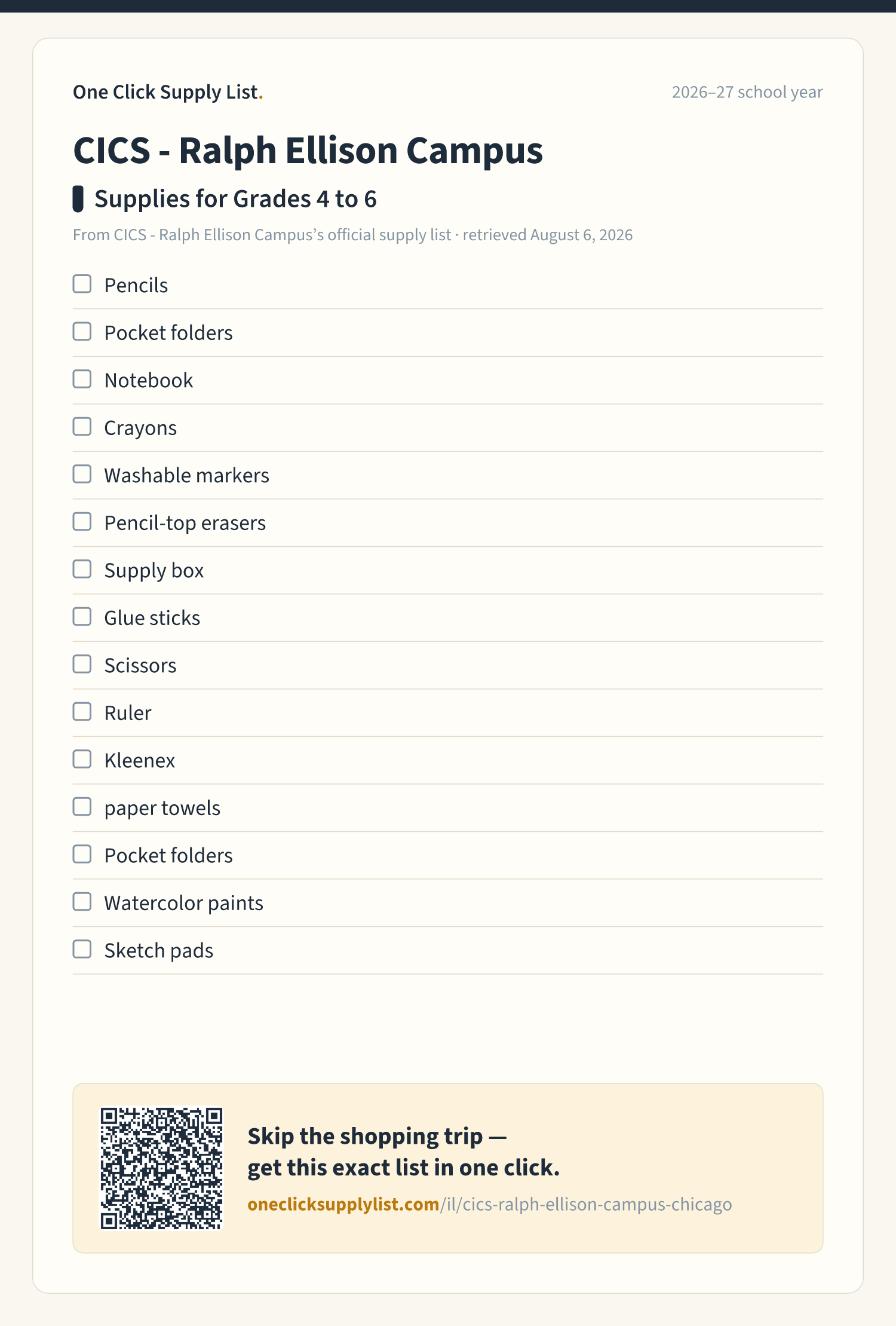 CICS - Ralph Ellison Campus Supplies for Grades 4 to 6 supply list — printable image
