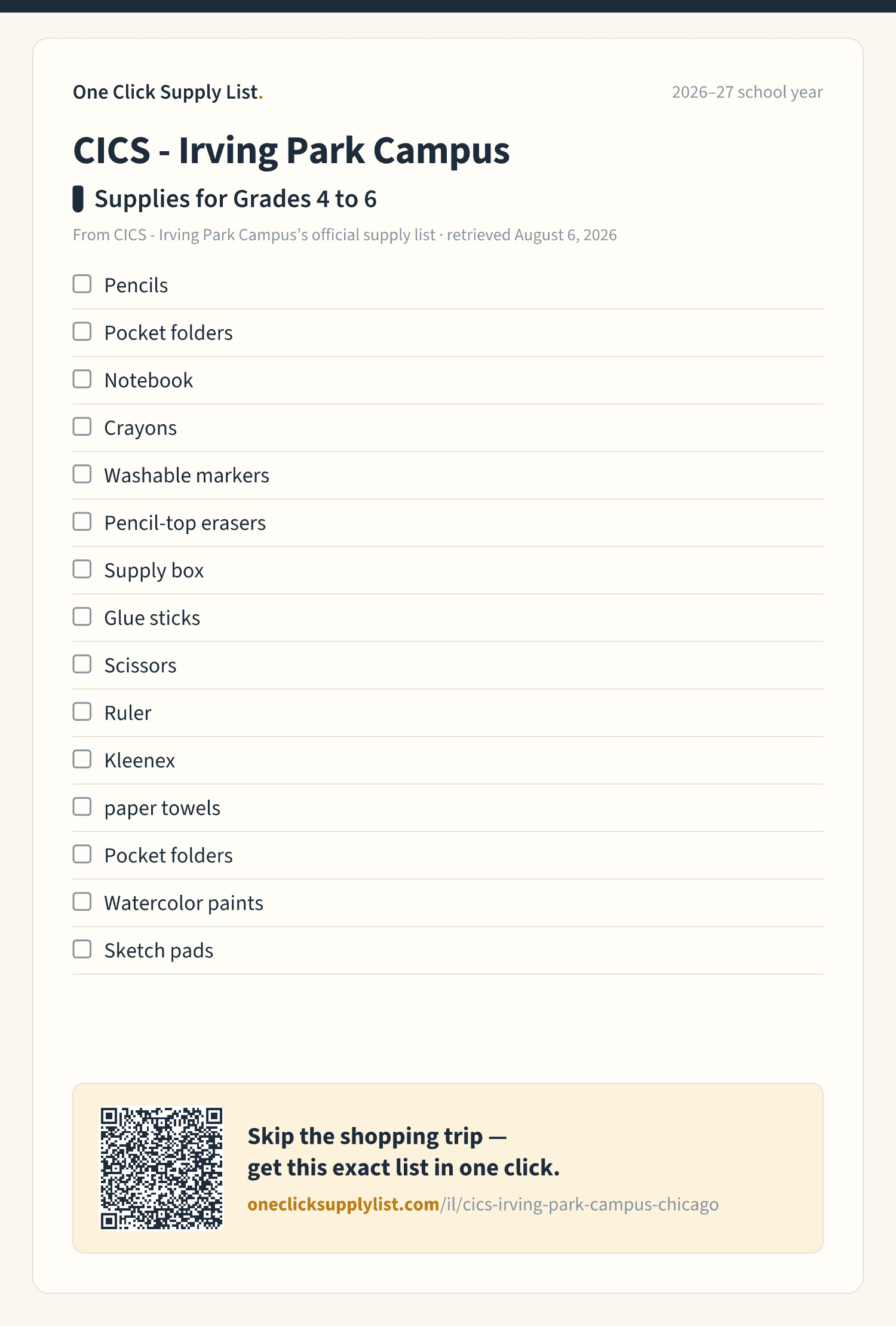 CICS - Irving Park Campus Supplies for Grades 4 to 6 supply list — printable image