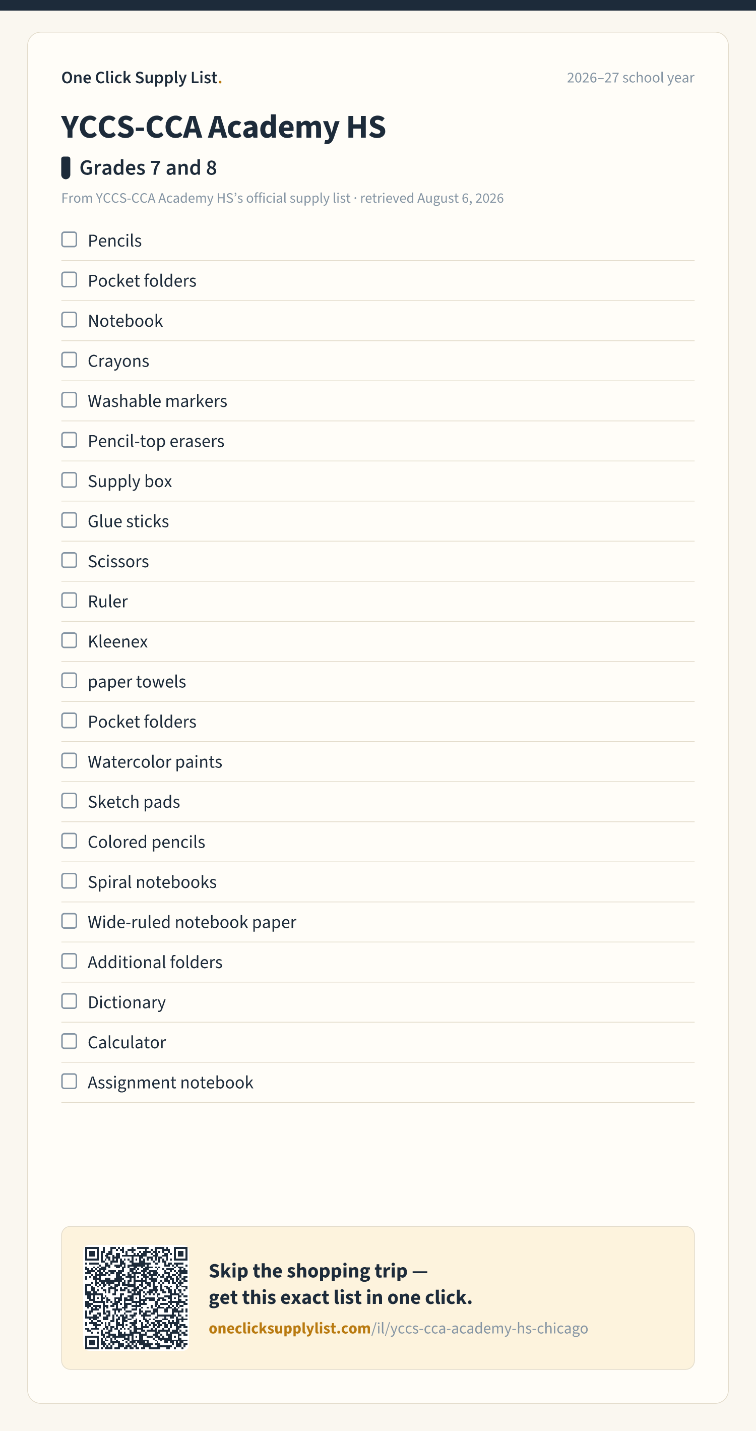 YCCS-CCA Academy HS Grades 7 and 8 supply list — printable image
