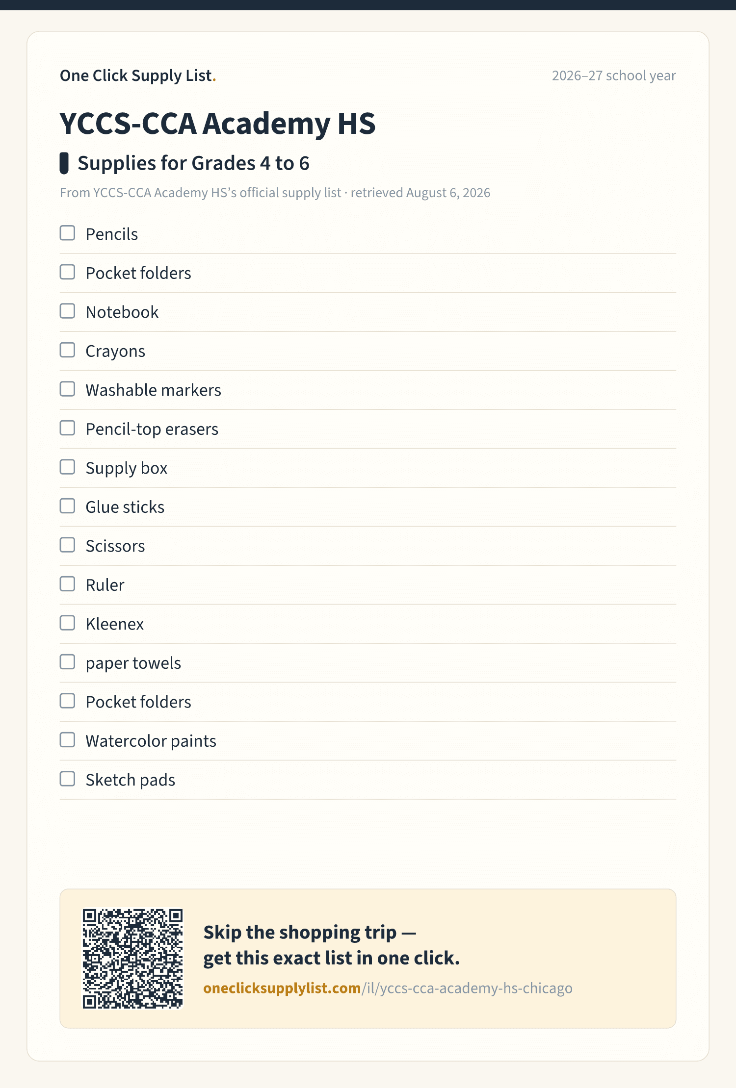 YCCS-CCA Academy HS Supplies for Grades 4 to 6 supply list — printable image