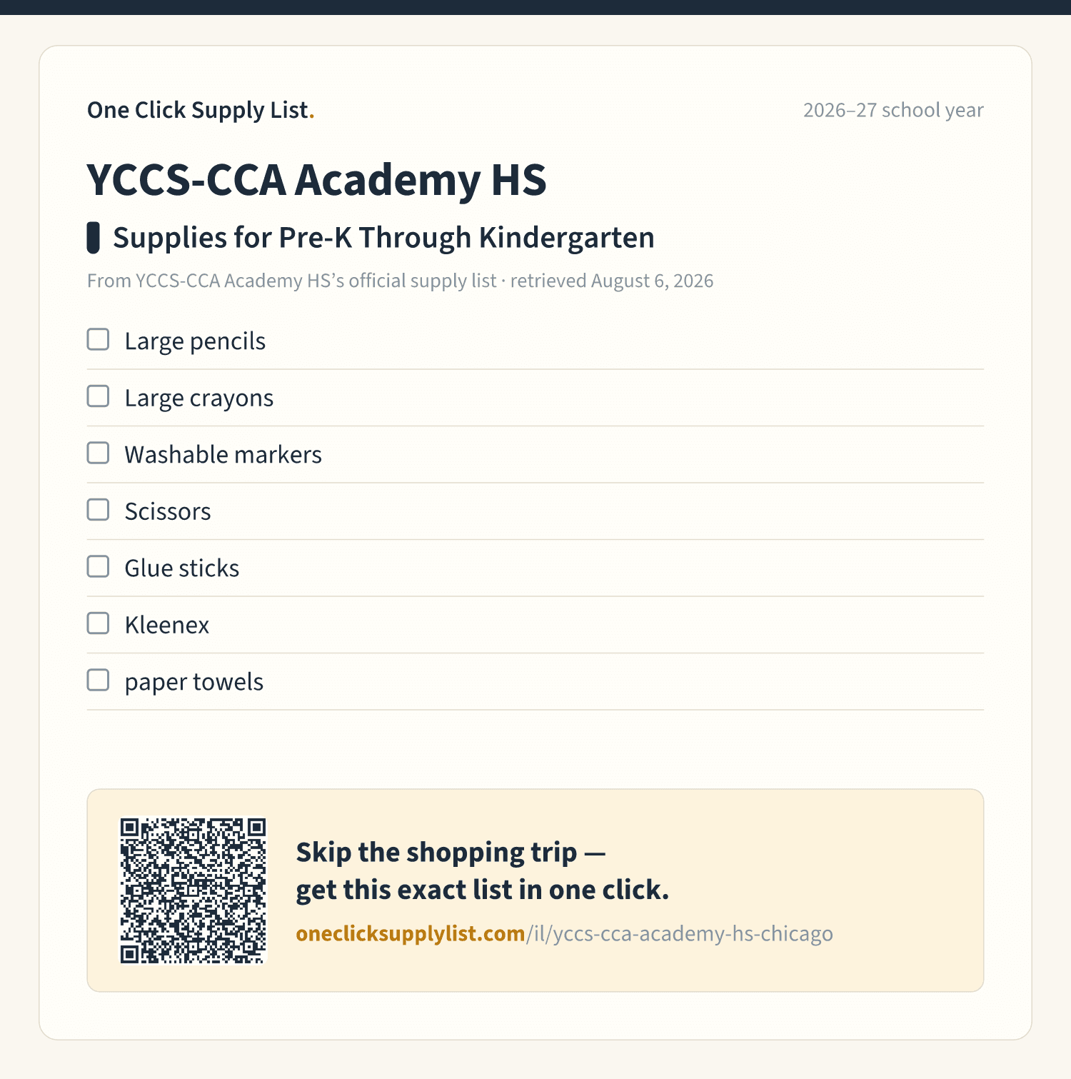 YCCS-CCA Academy HS Supplies for Pre-K Through Kindergarten supply list — printable image