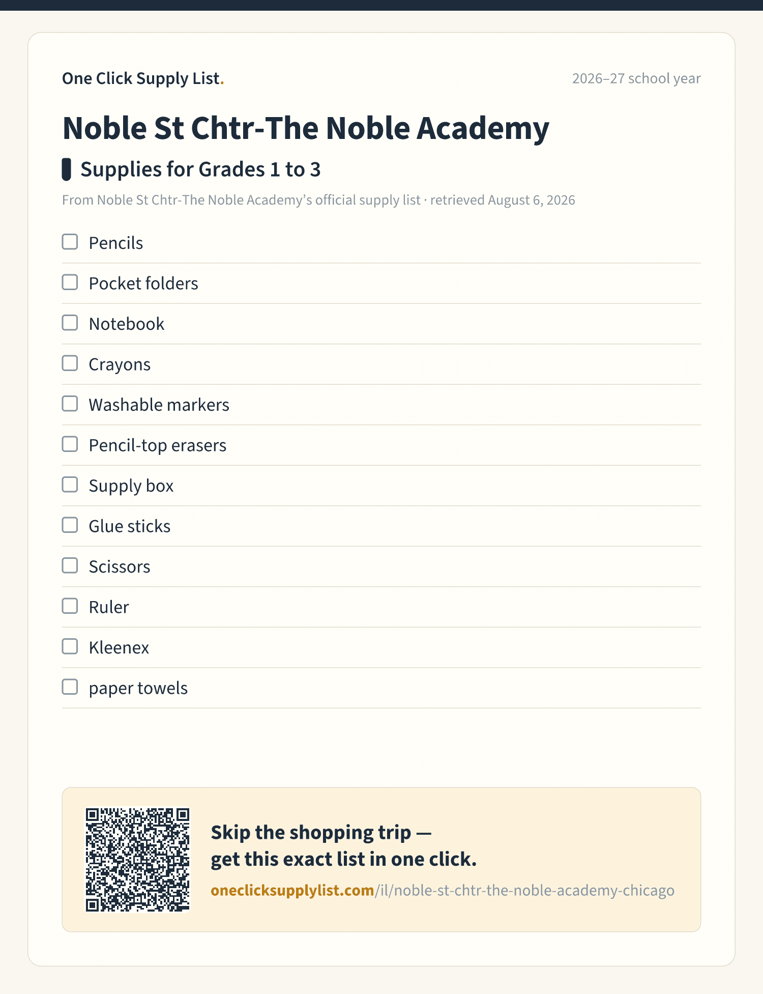 Noble St Chtr-The Noble Academy Supplies for Grades 1 to 3 supply list — printable image