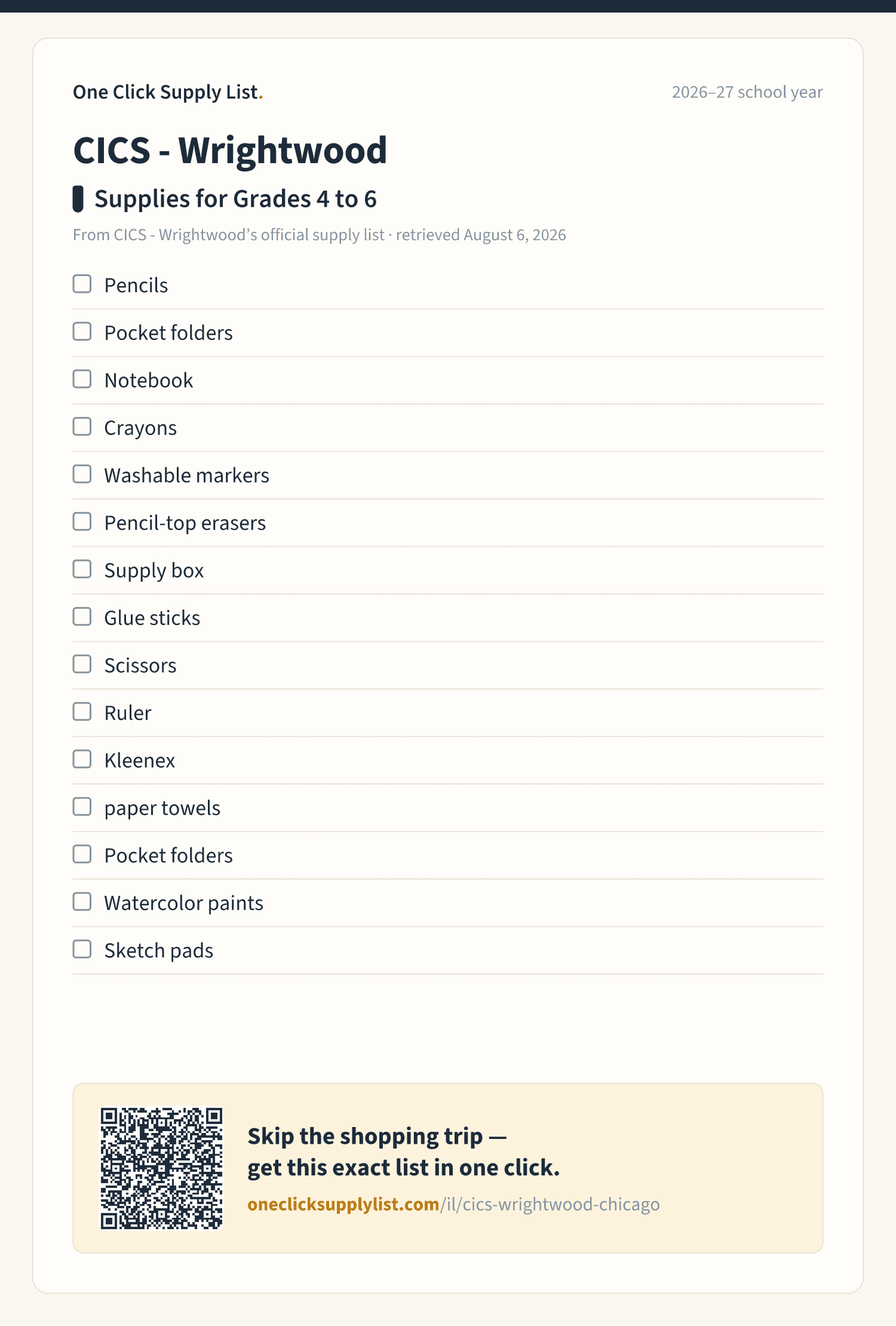 CICS - Wrightwood Supplies for Grades 4 to 6 supply list — printable image