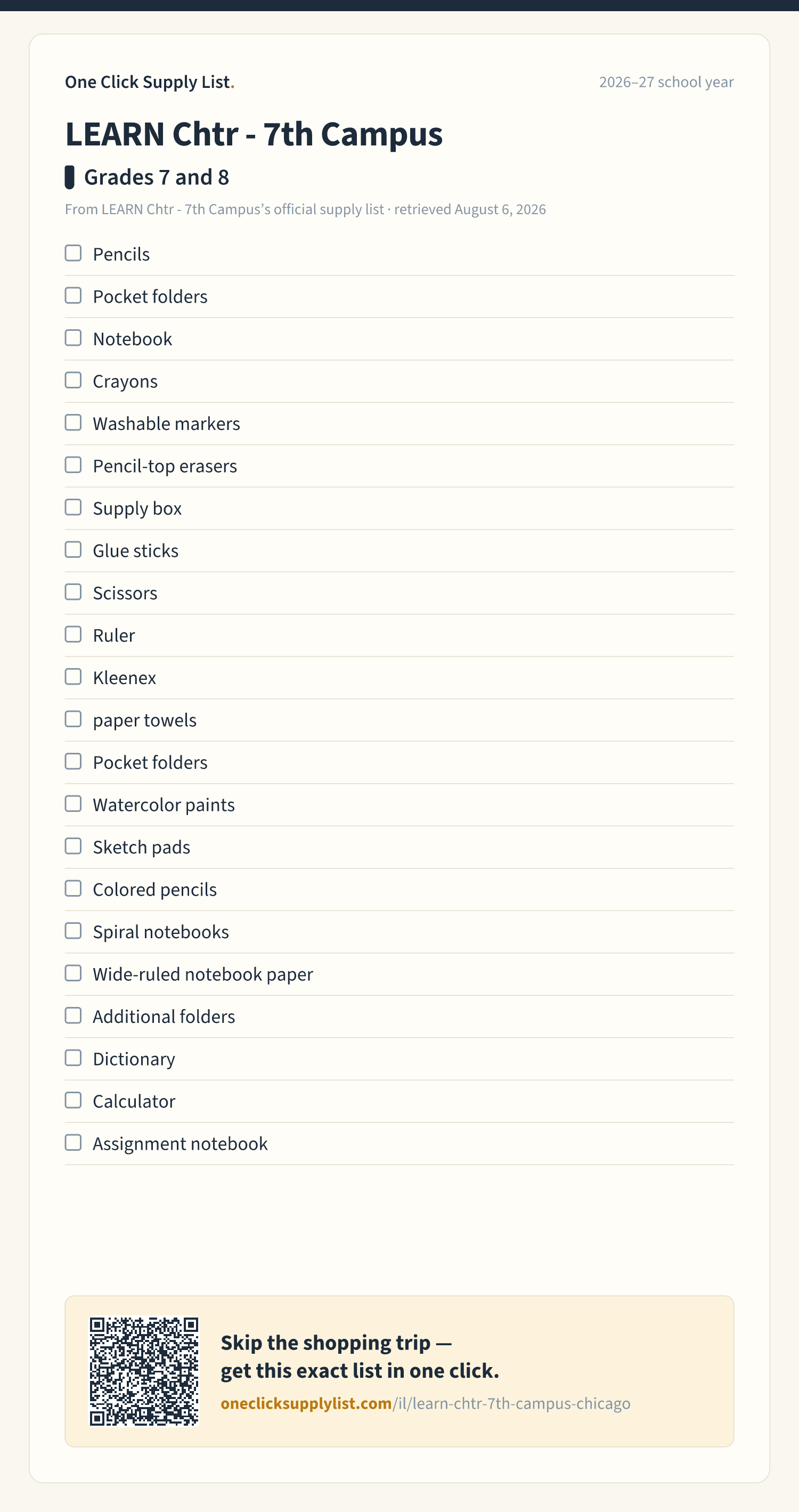 LEARN Chtr - 7th Campus Grades 7 and 8 supply list — printable image