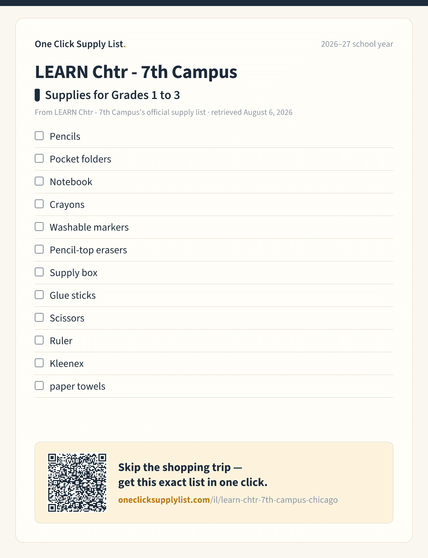 LEARN Chtr - 7th Campus Supplies for Grades 1 to 3 supply list — printable image