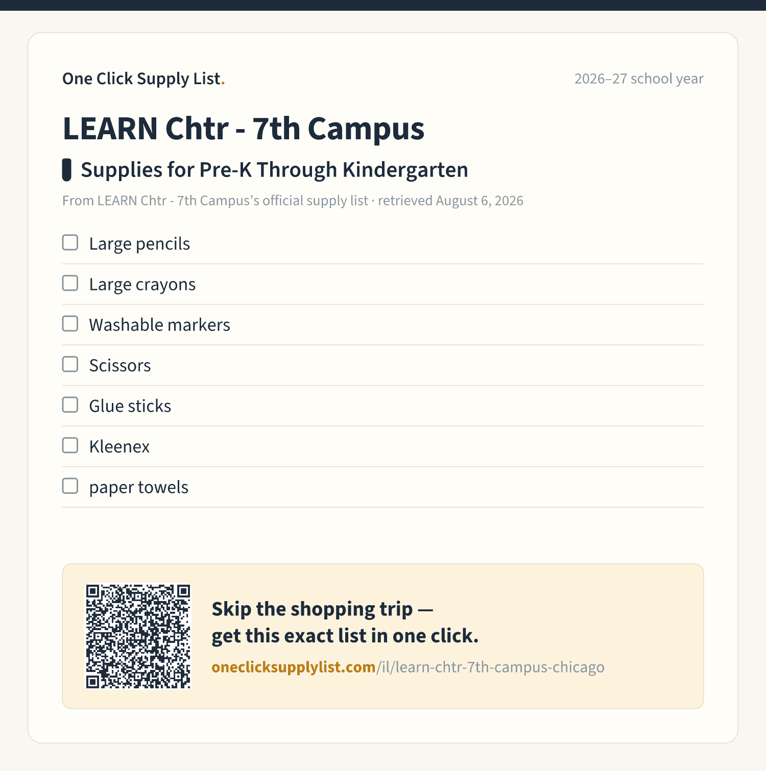 LEARN Chtr - 7th Campus Supplies for Pre-K Through Kindergarten supply list — printable image