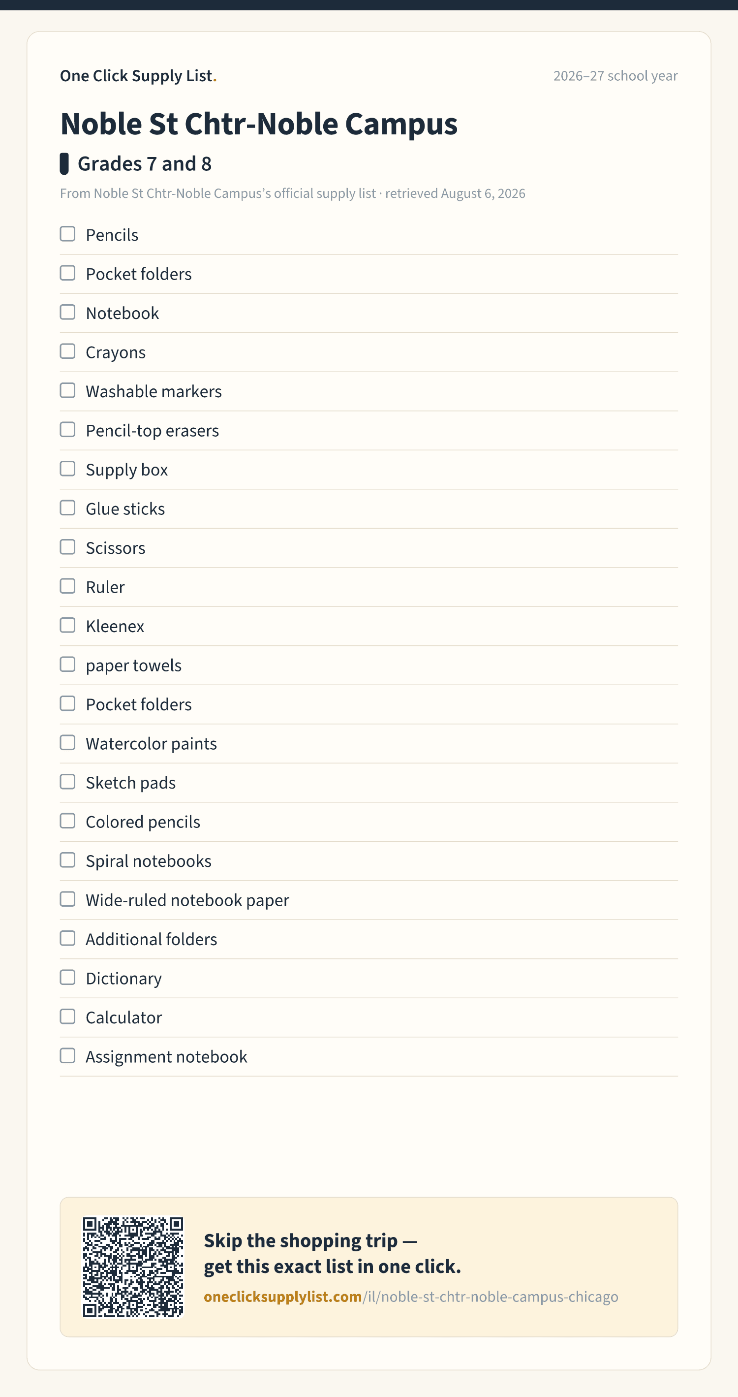 Noble St Chtr-Noble Campus Grades 7 and 8 supply list — printable image