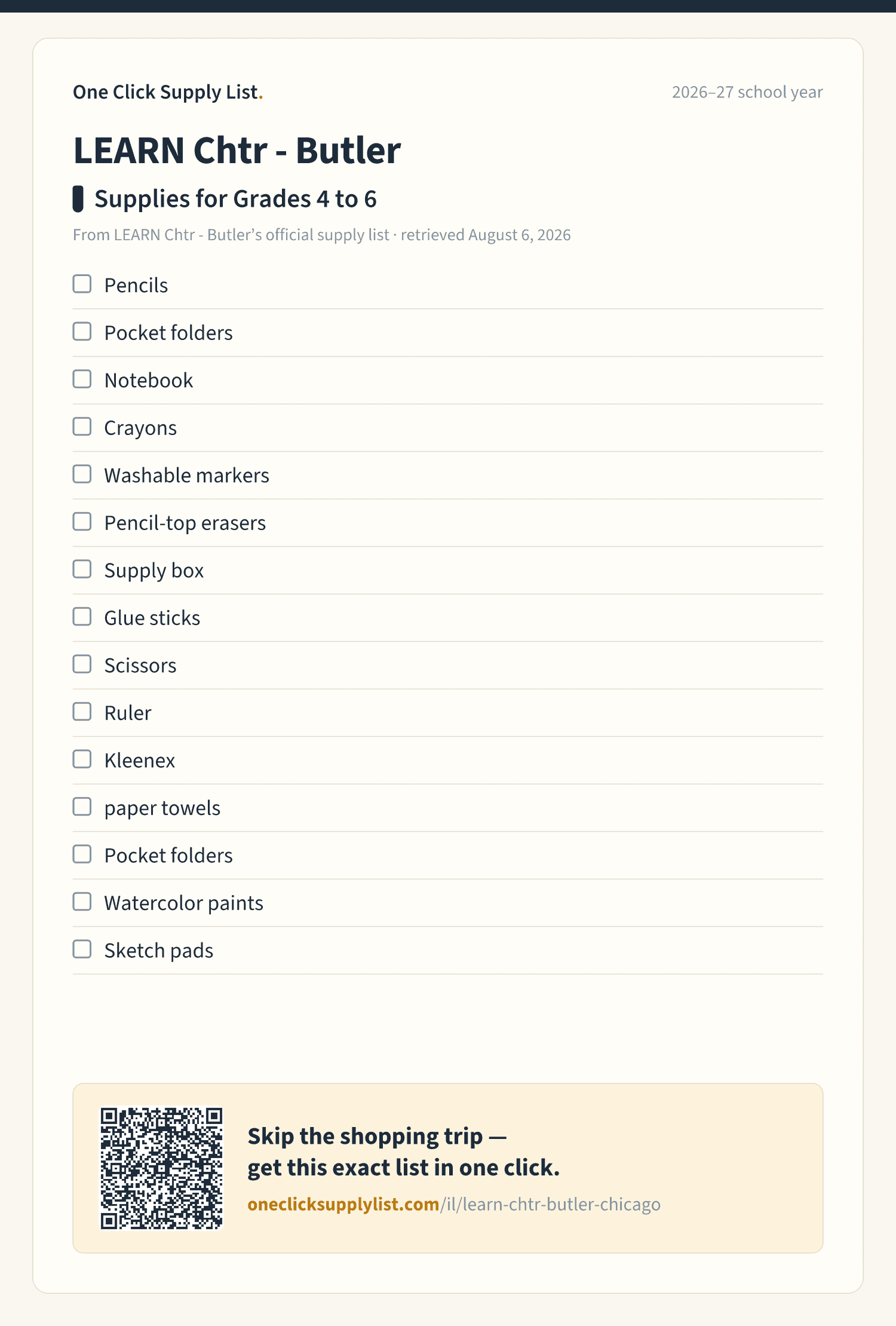 LEARN Chtr - Butler Supplies for Grades 4 to 6 supply list — printable image
