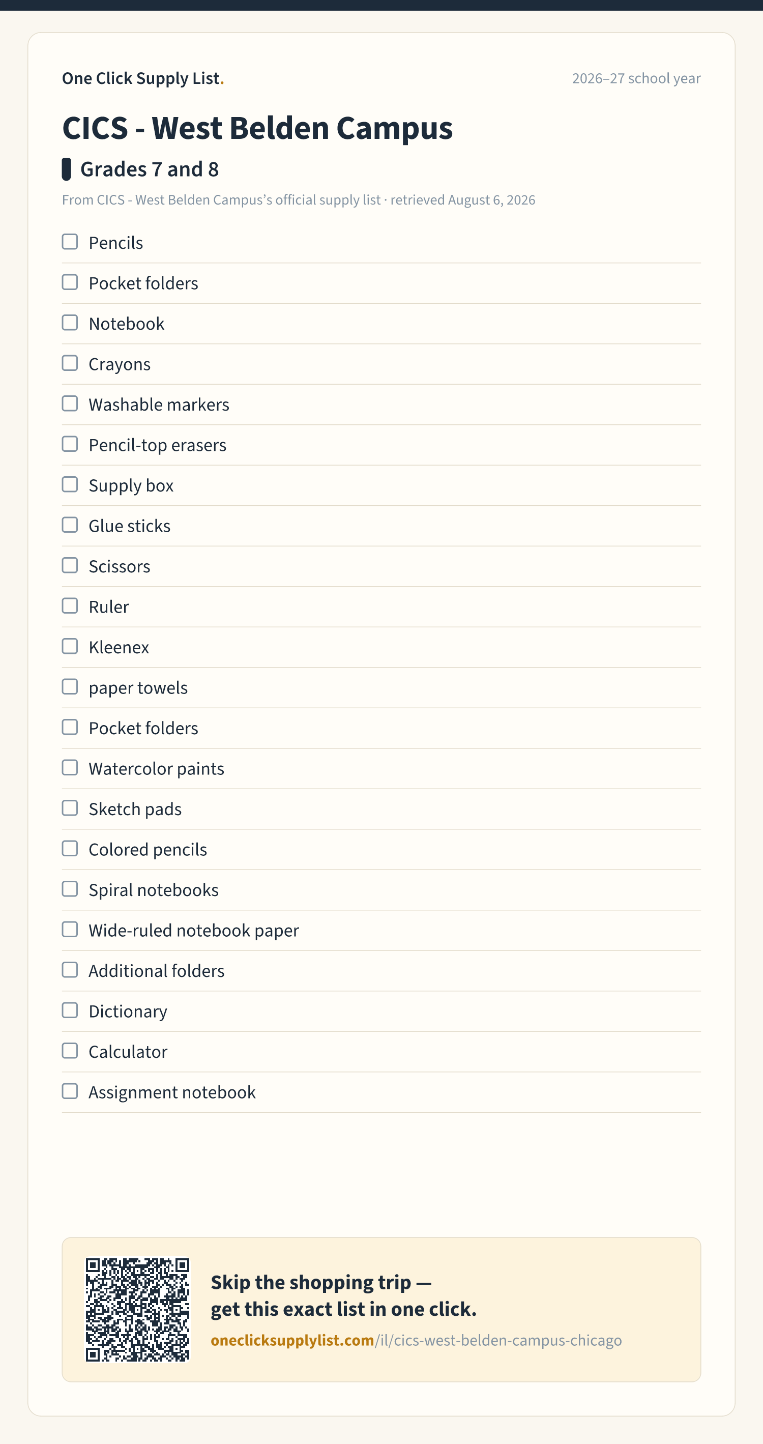 CICS - West Belden Campus Grades 7 and 8 supply list — printable image