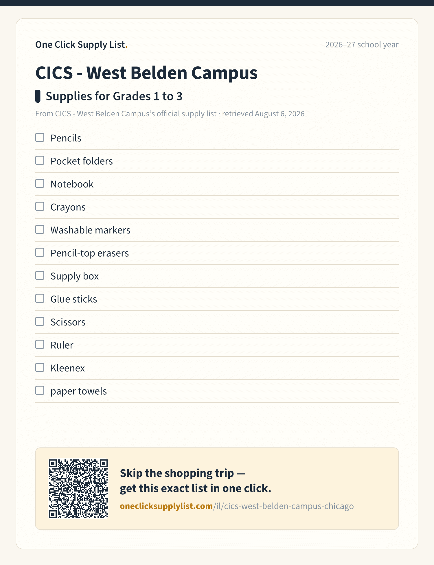 CICS - West Belden Campus Supplies for Grades 1 to 3 supply list — printable image