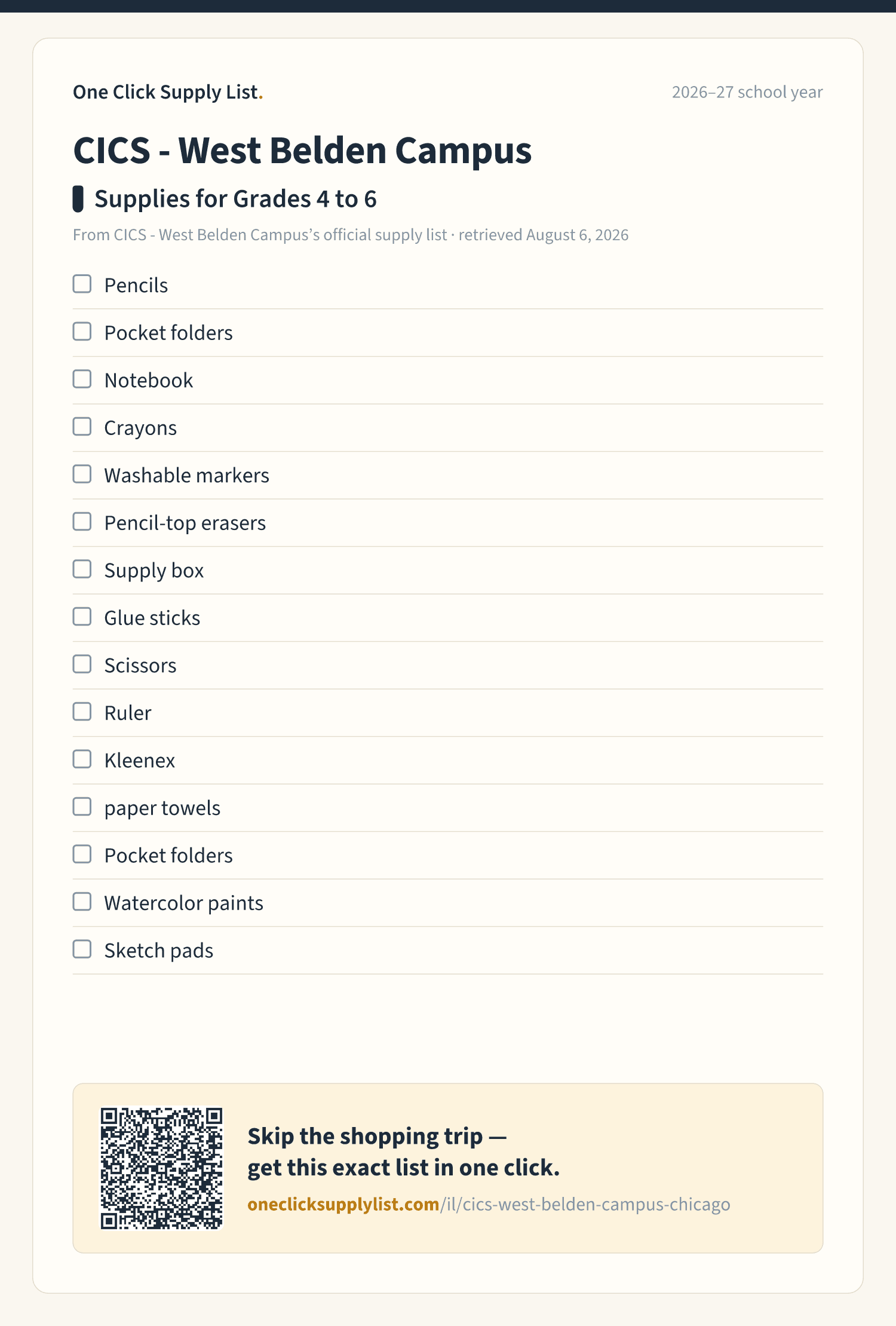 CICS - West Belden Campus Supplies for Grades 4 to 6 supply list — printable image