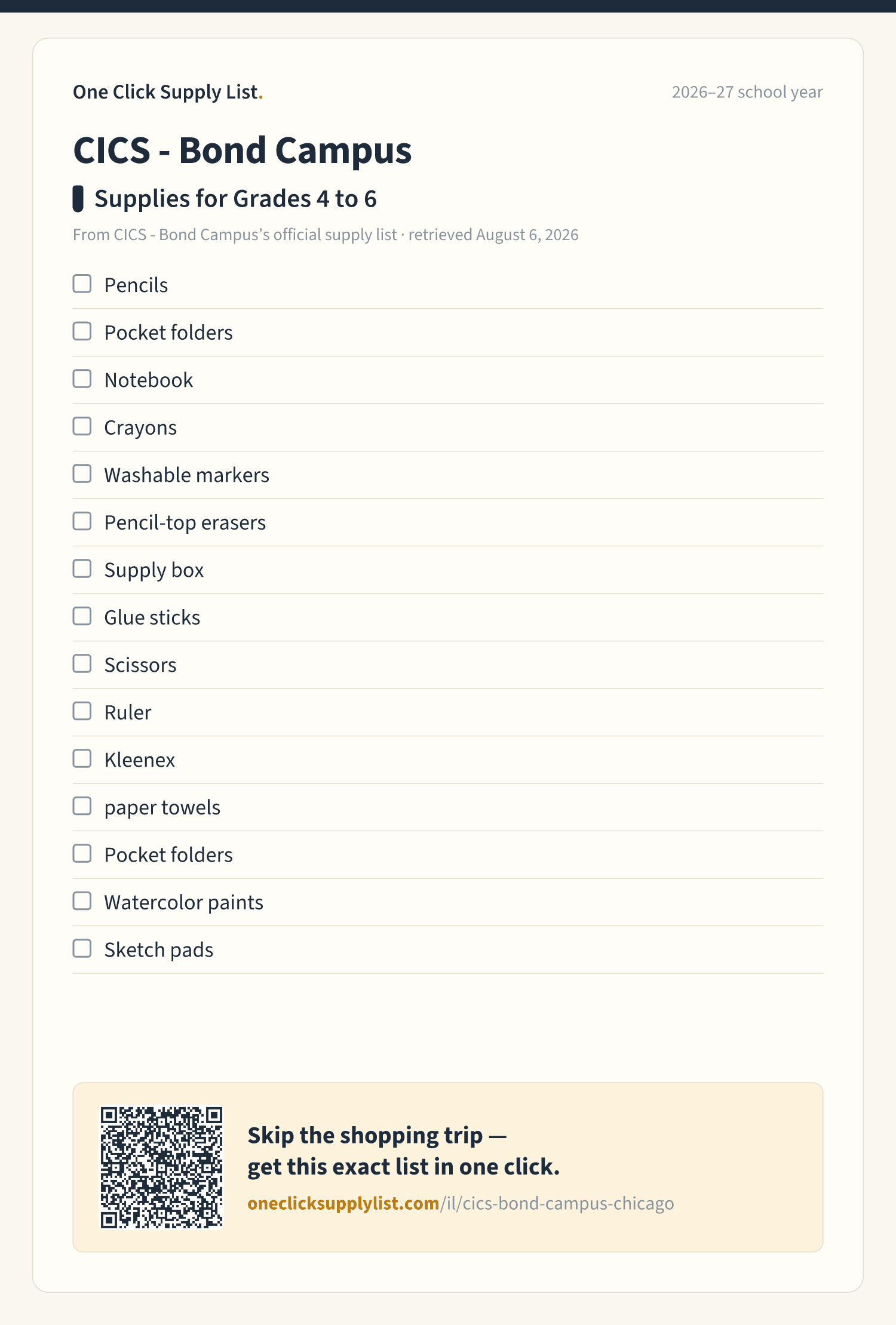 CICS - Bond Campus Supplies for Grades 4 to 6 supply list — printable image