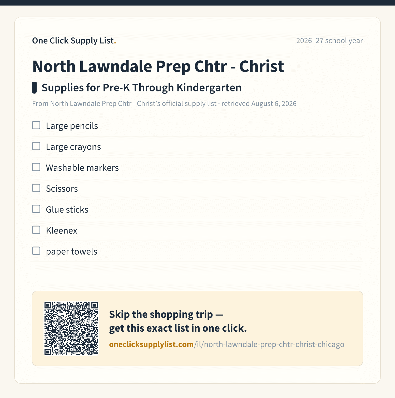 North Lawndale Prep Chtr - Christ Supplies for Pre-K Through Kindergarten supply list — printable image