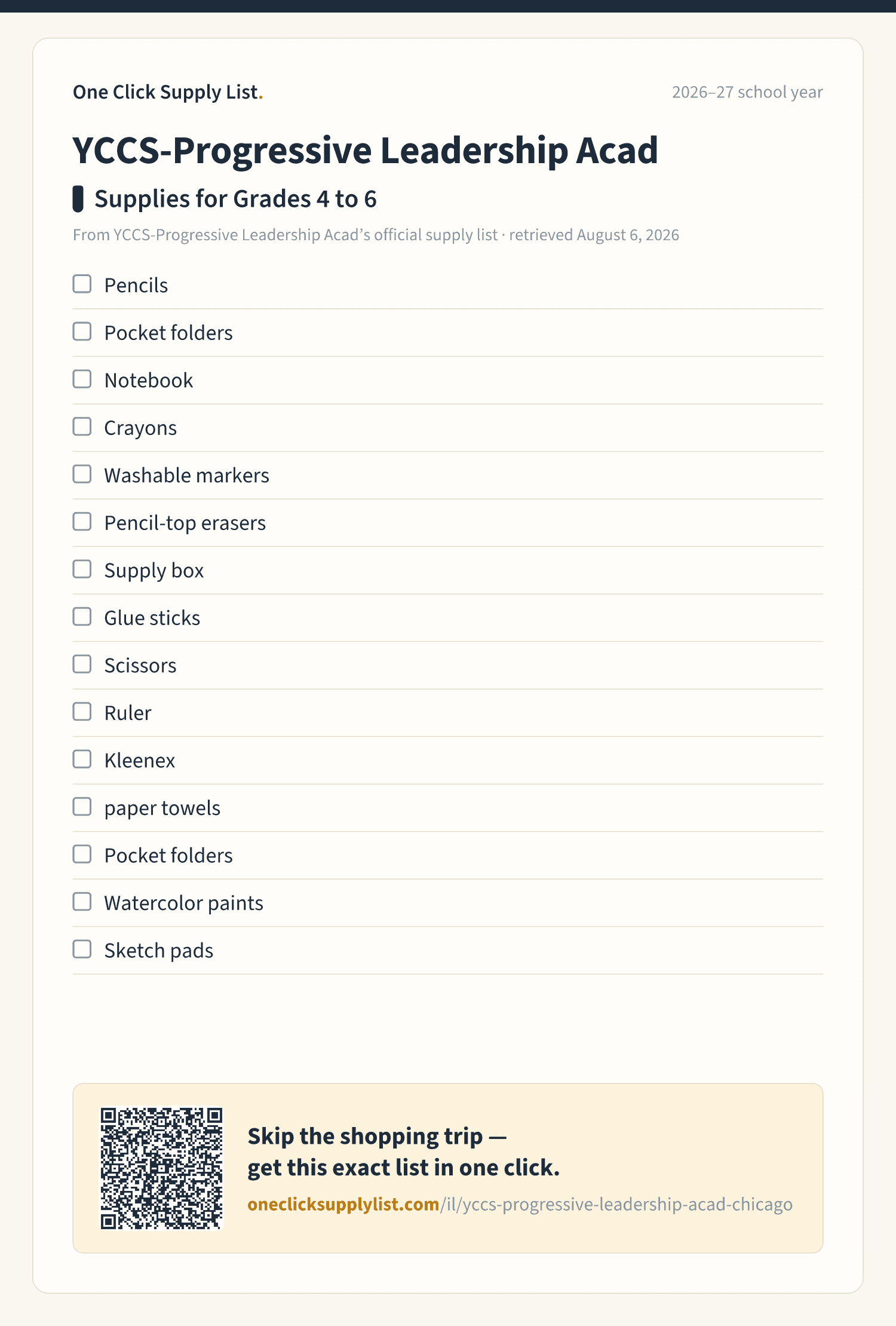 YCCS-Progressive Leadership Acad Supplies for Grades 4 to 6 supply list — printable image