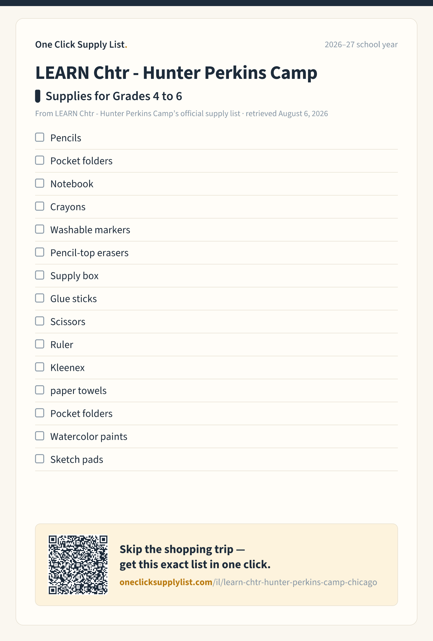 LEARN Chtr - Hunter Perkins Camp Supplies for Grades 4 to 6 supply list — printable image