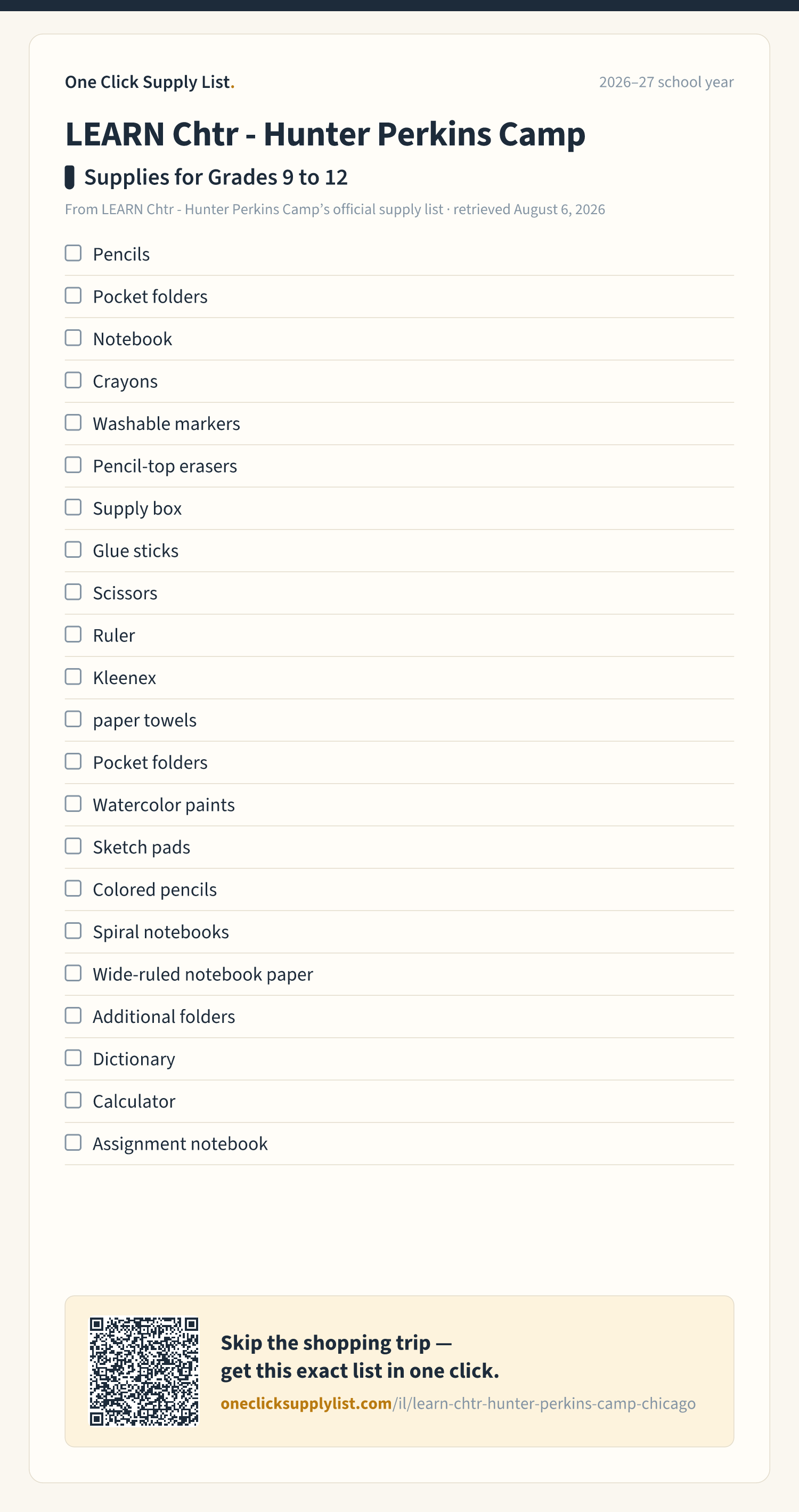 LEARN Chtr - Hunter Perkins Camp Supplies for Grades 9 to 12 supply list — printable image