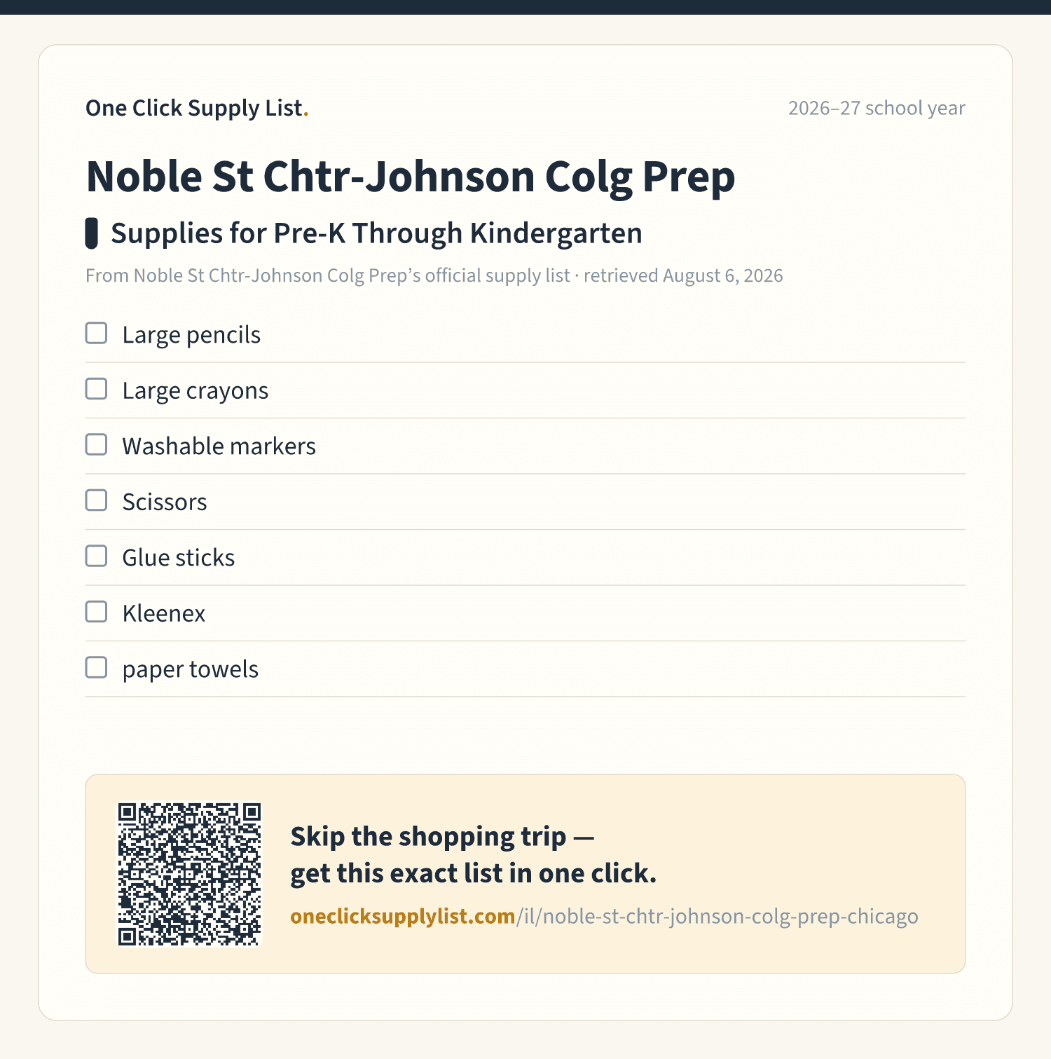Noble St Chtr-Johnson Colg Prep Supplies for Pre-K Through Kindergarten supply list — printable image