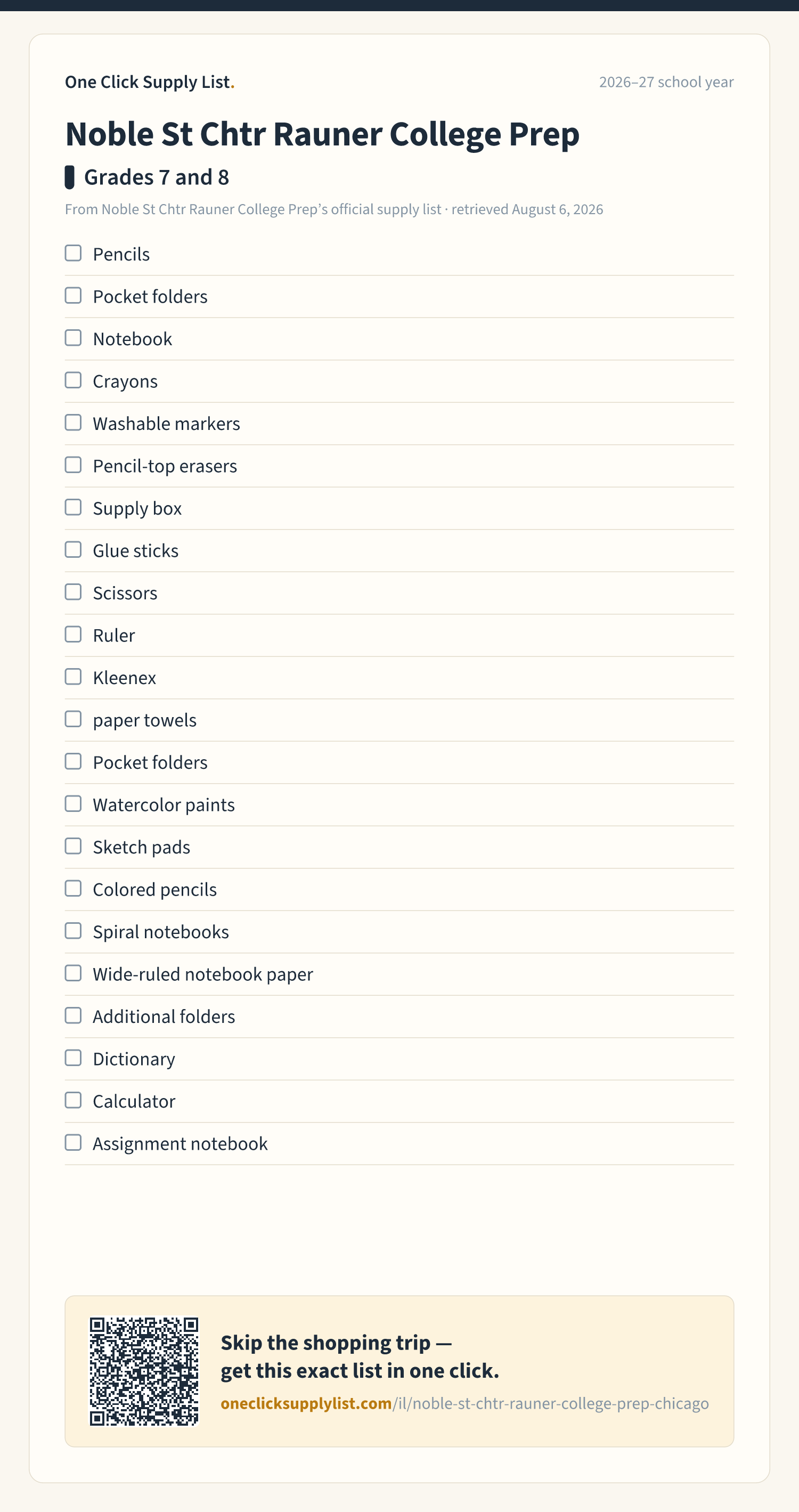 Noble St Chtr Rauner College Prep Grades 7 and 8 supply list — printable image