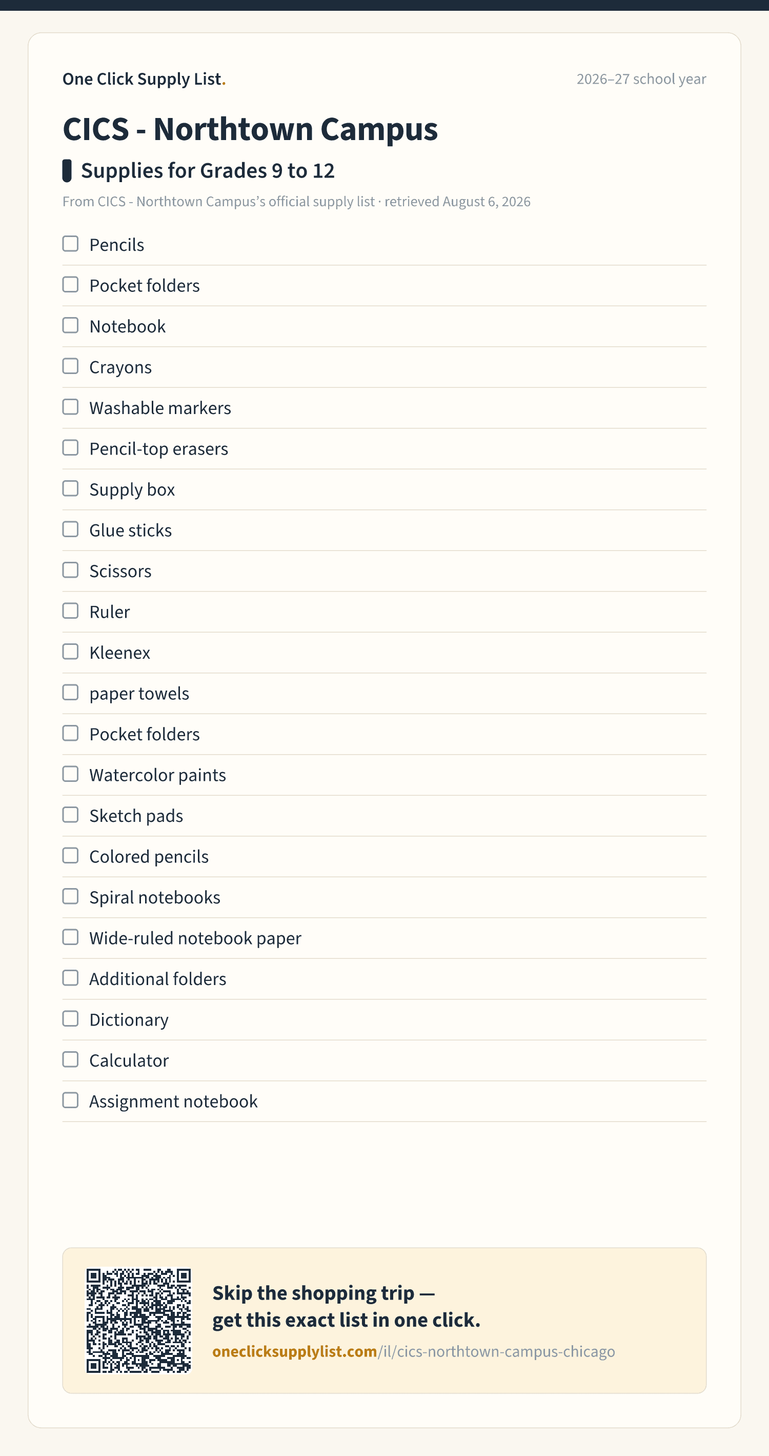 CICS - Northtown Campus Supplies for Grades 9 to 12 supply list — printable image