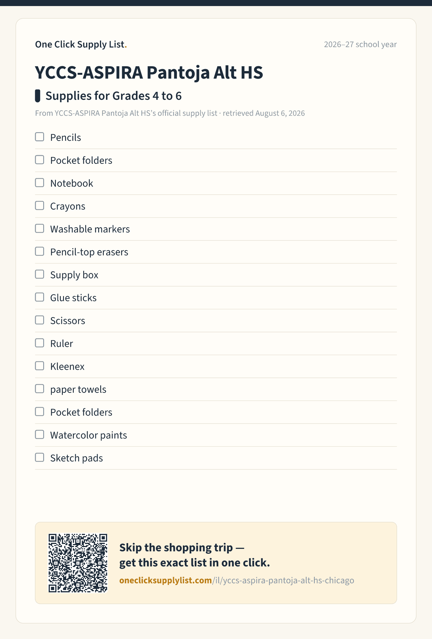 YCCS-ASPIRA Pantoja Alt HS Supplies for Grades 4 to 6 supply list — printable image