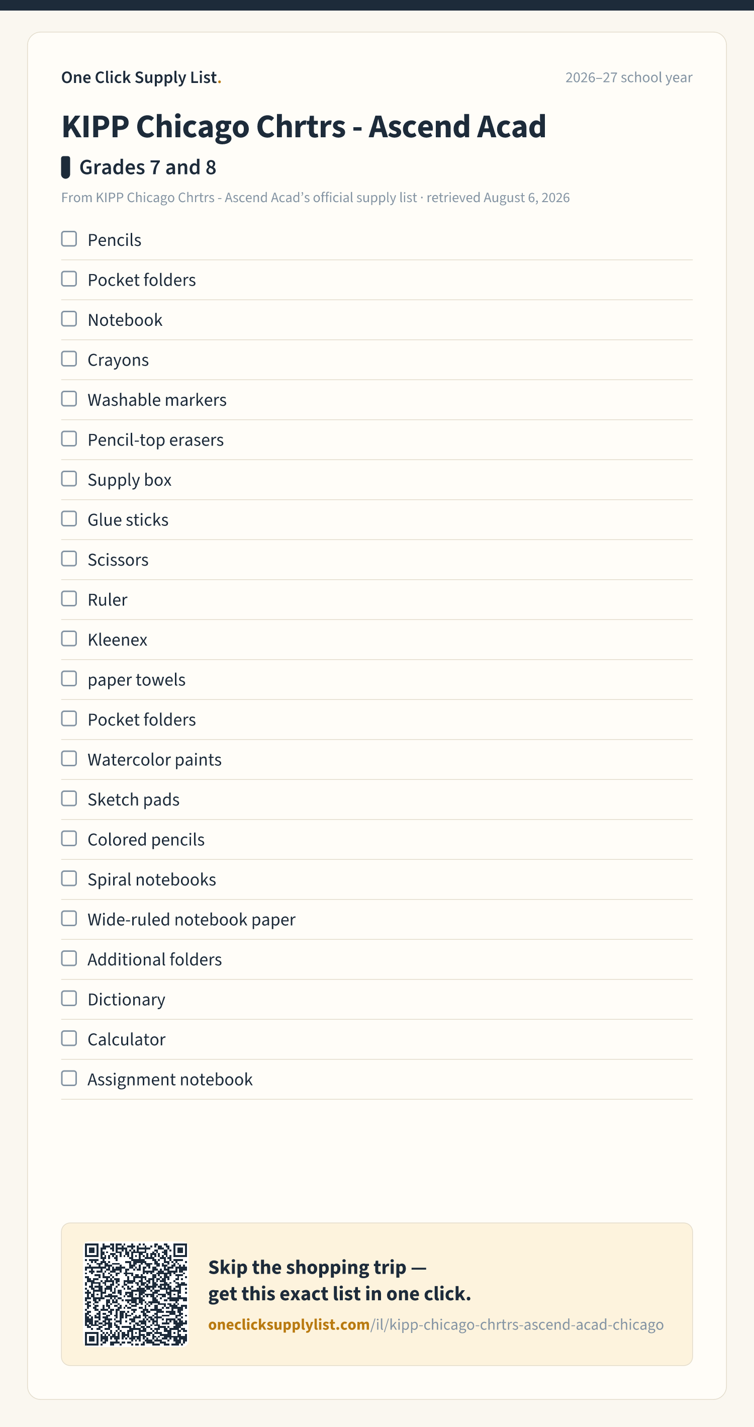 KIPP Chicago Chrtrs - Ascend Acad Grades 7 and 8 supply list — printable image