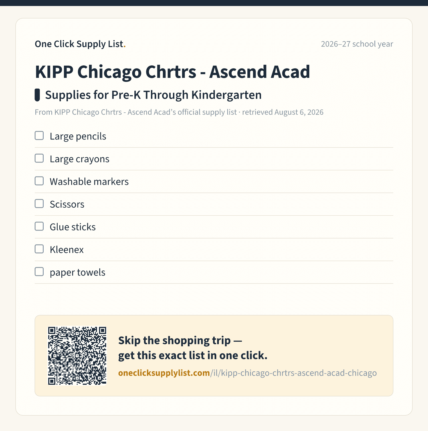 KIPP Chicago Chrtrs - Ascend Acad Supplies for Pre-K Through Kindergarten supply list — printable image