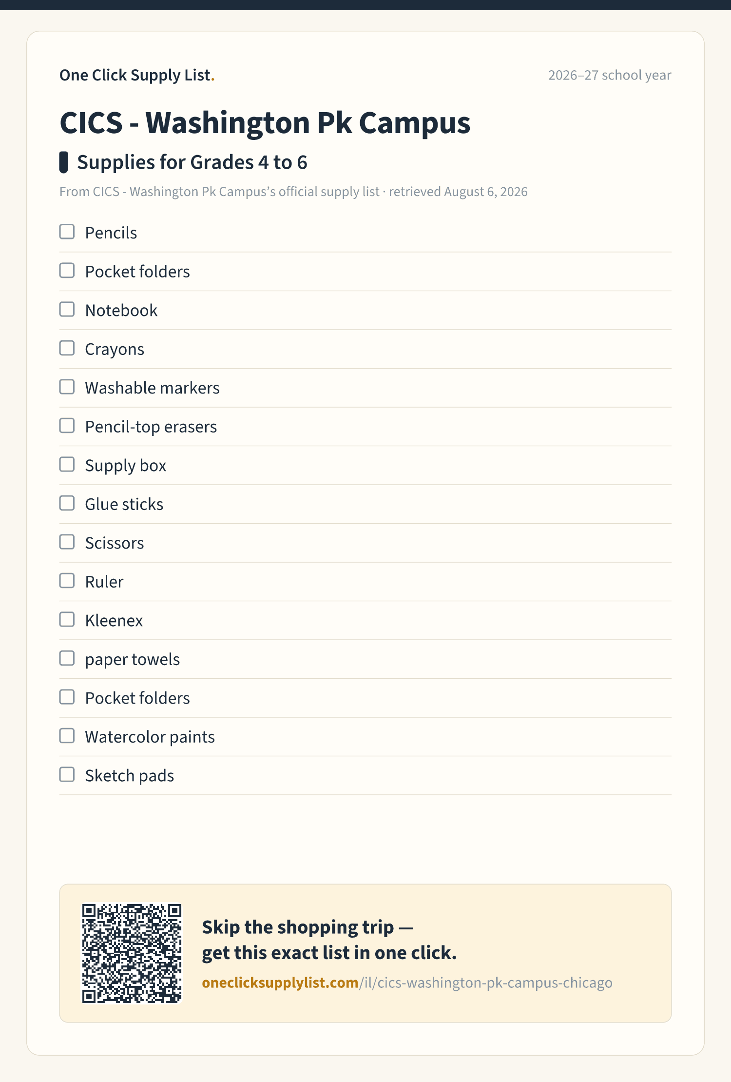 CICS - Washington Pk Campus Supplies for Grades 4 to 6 supply list — printable image