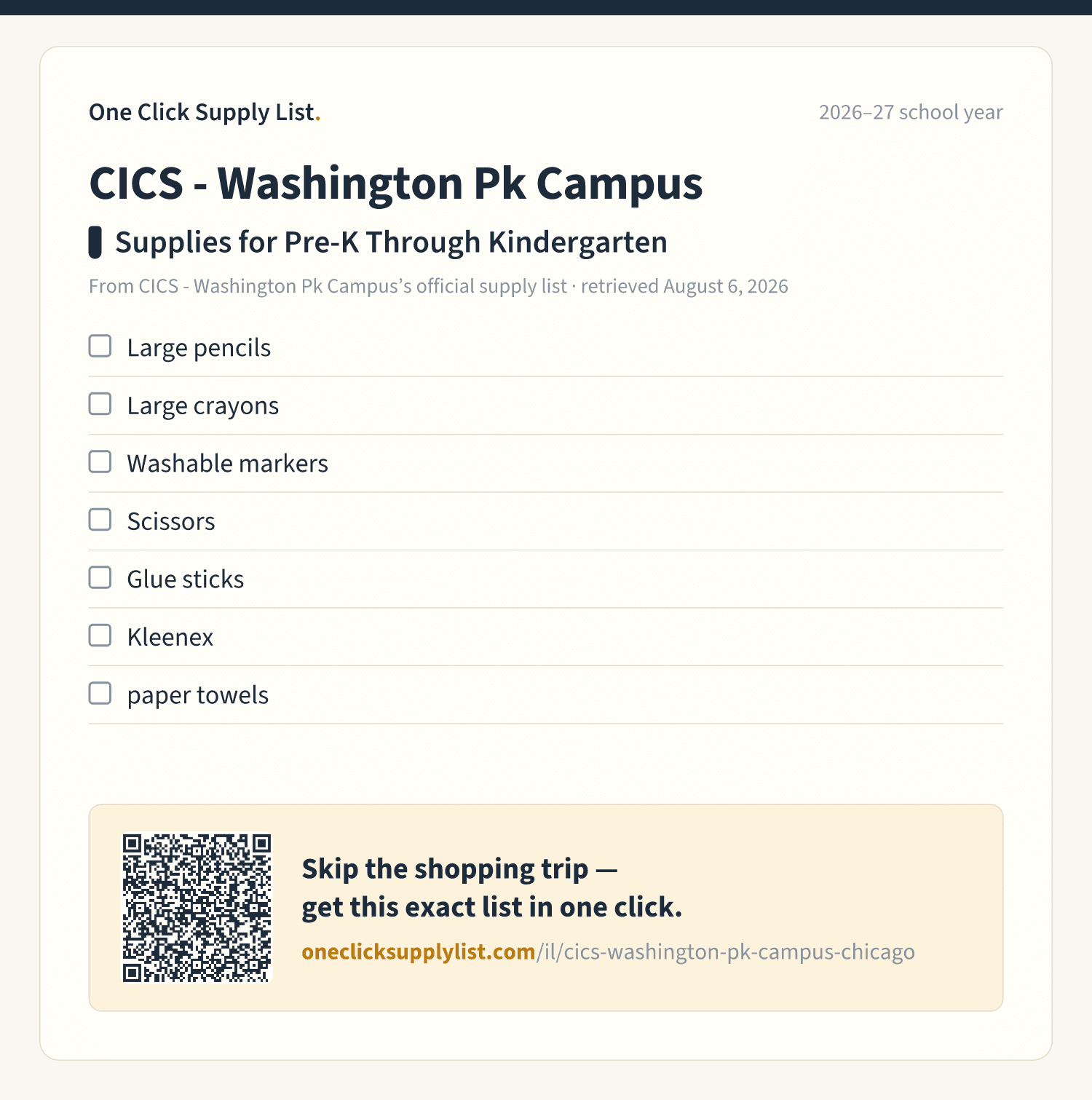CICS - Washington Pk Campus Supplies for Pre-K Through Kindergarten supply list — printable image