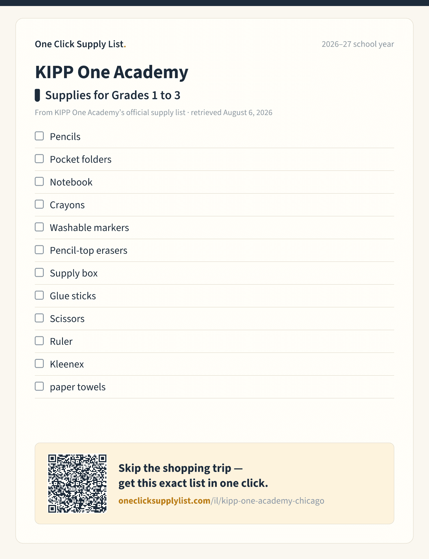 KIPP One Academy Supplies for Grades 1 to 3 supply list — printable image