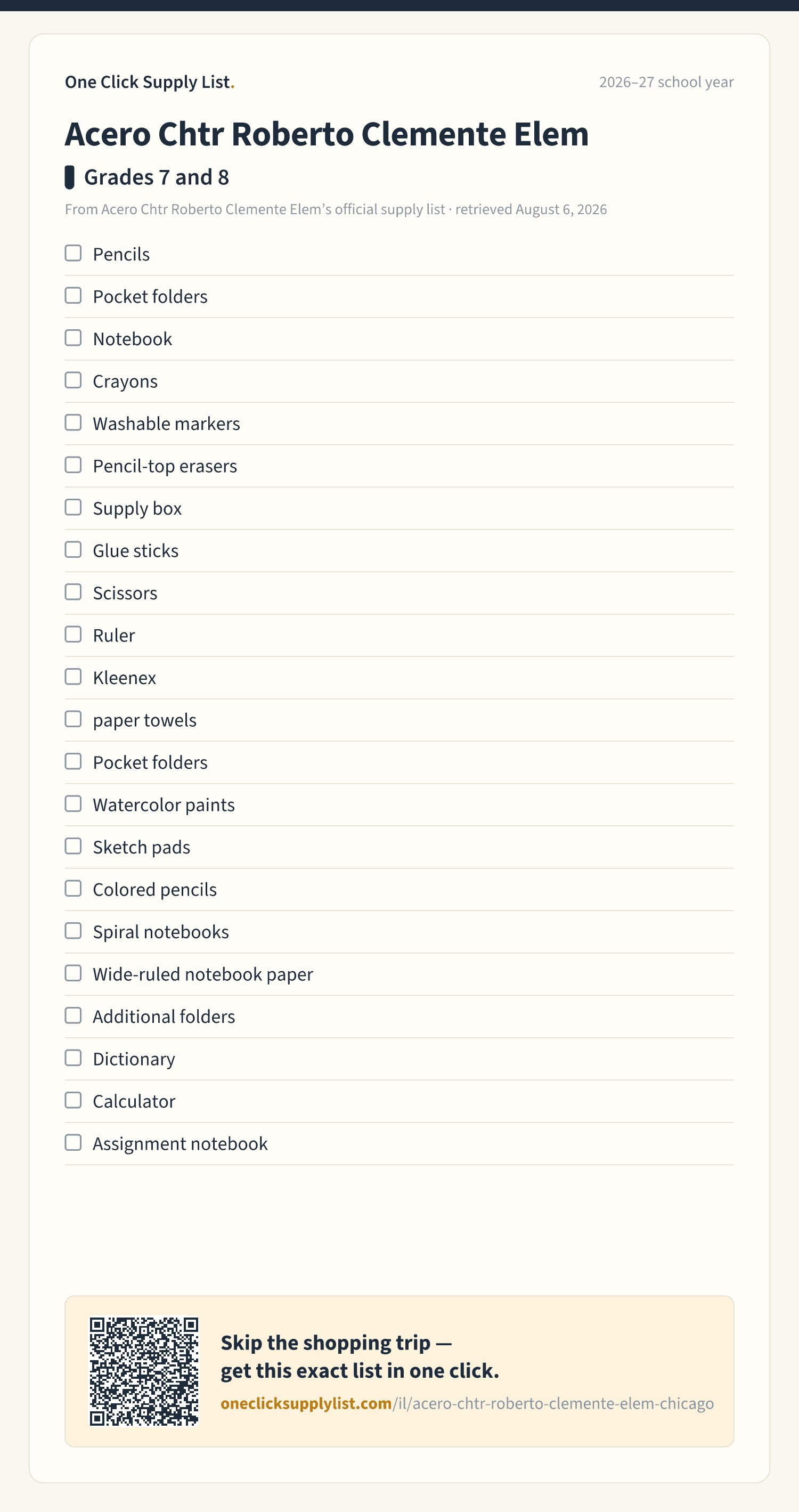 Acero Chtr Roberto Clemente Elem Grades 7 and 8 supply list — printable image