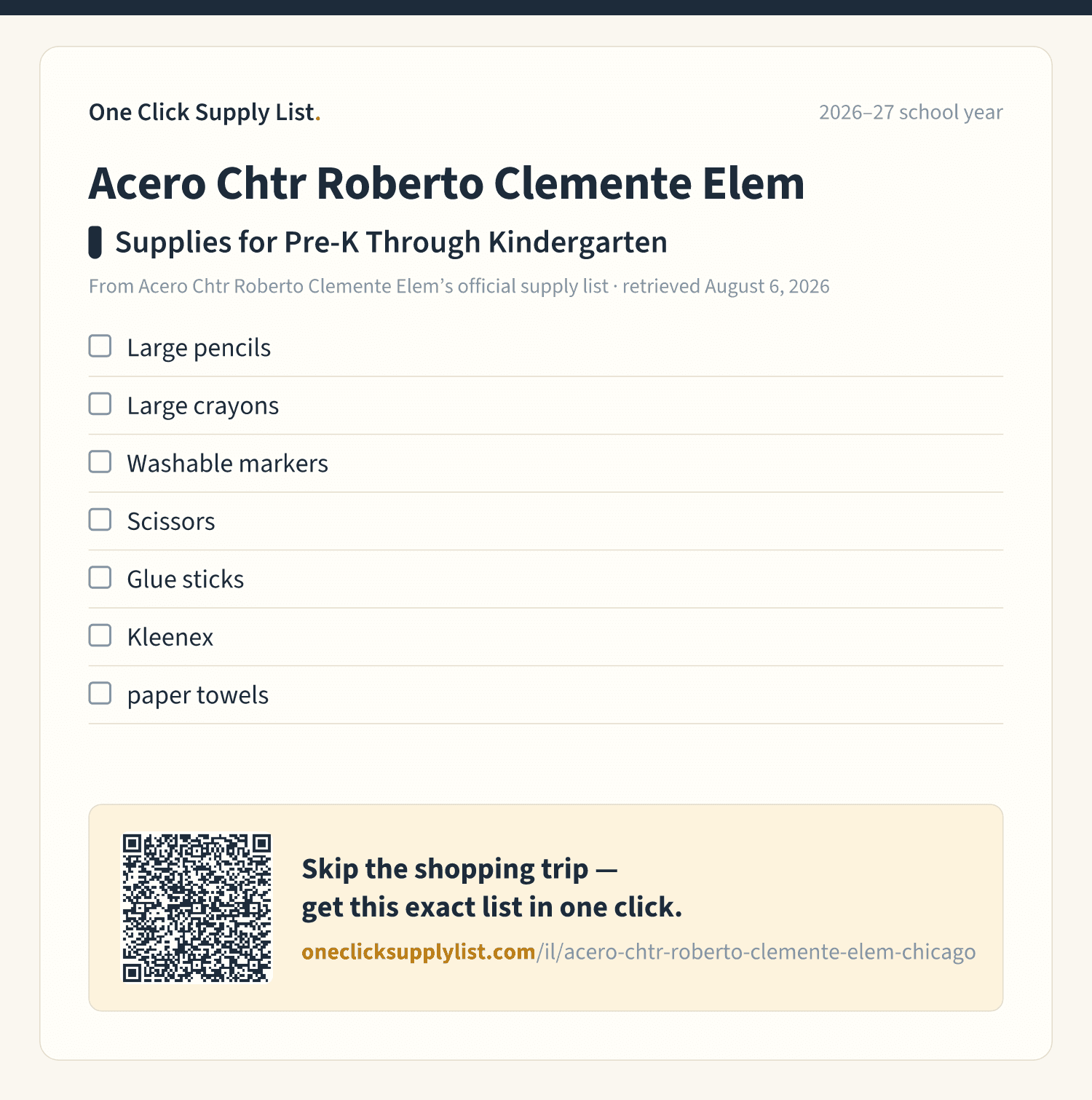 Acero Chtr Roberto Clemente Elem Supplies for Pre-K Through Kindergarten supply list — printable image