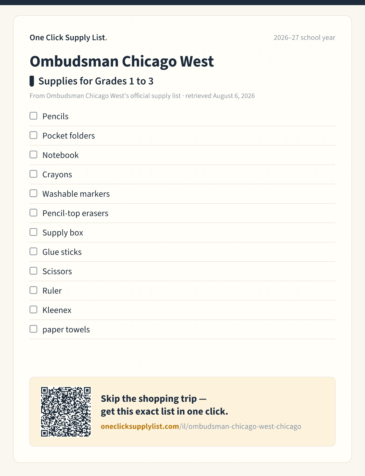 Ombudsman Chicago West Supplies for Grades 1 to 3 supply list — printable image