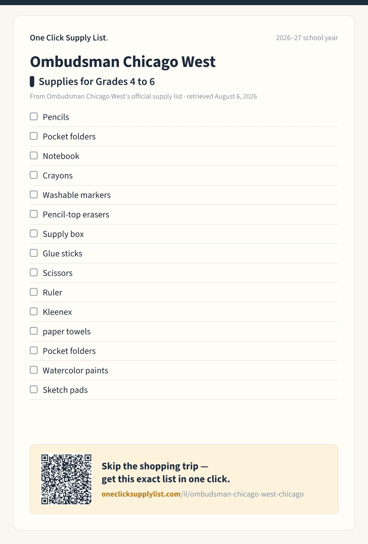 Ombudsman Chicago West Supplies for Grades 4 to 6 supply list — printable image