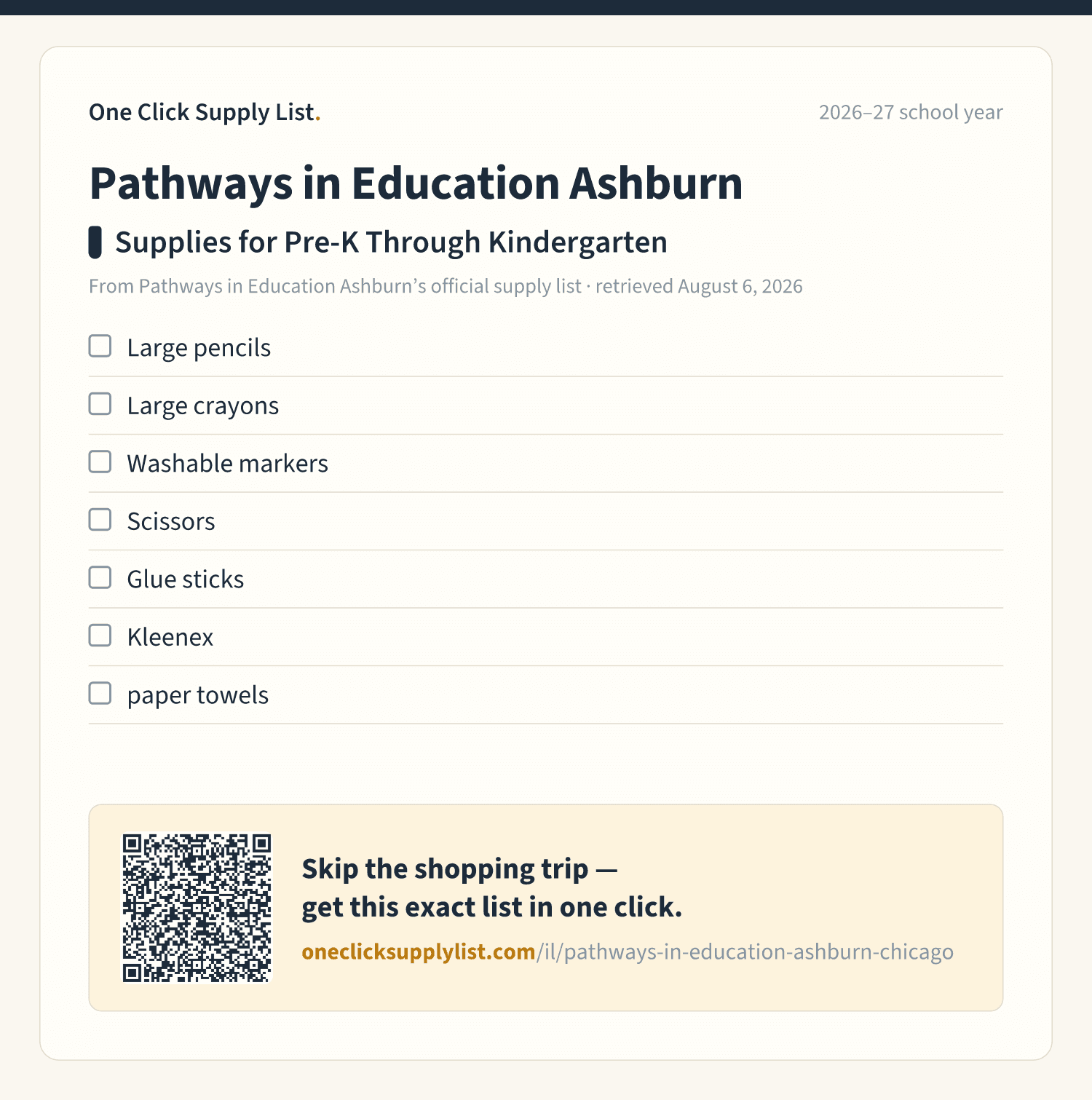 Pathways in Education Ashburn Supplies for Pre-K Through Kindergarten supply list — printable image