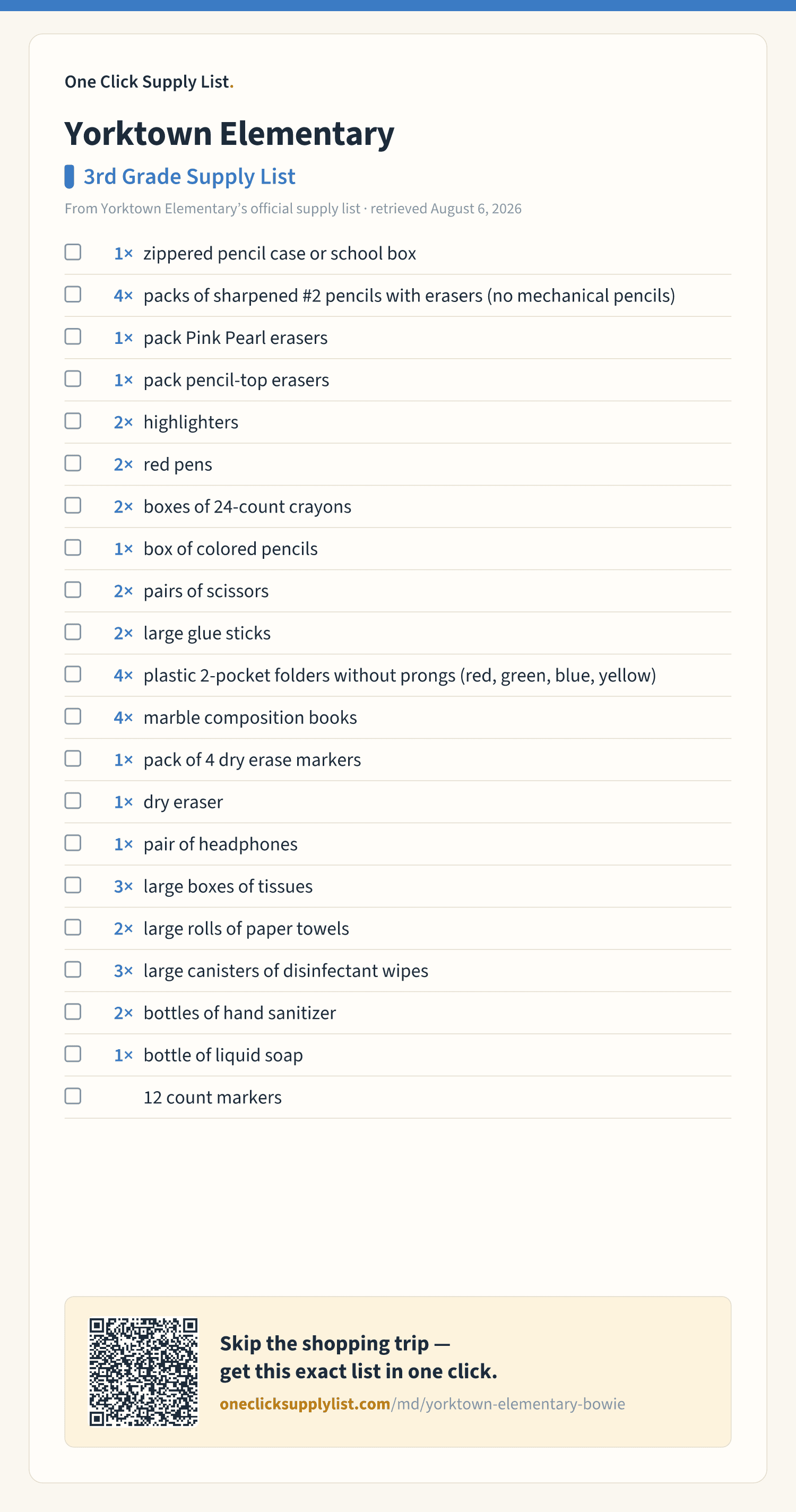Yorktown Elementary 3rd Grade Supply List supply list — printable image