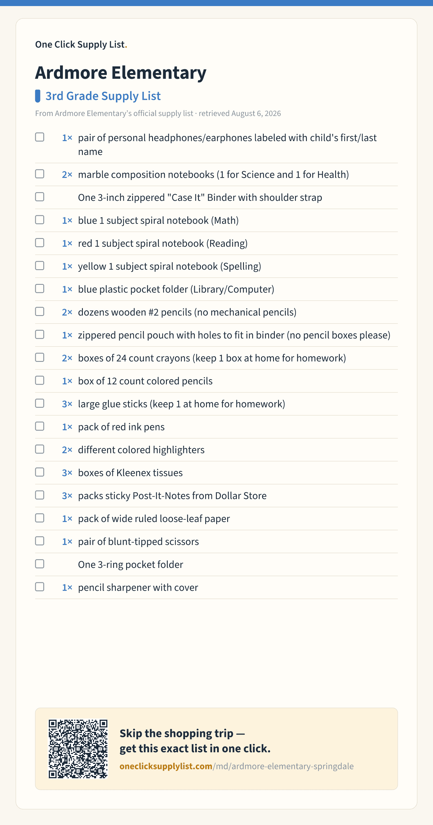 Ardmore Elementary 3rd Grade Supply List supply list — printable image