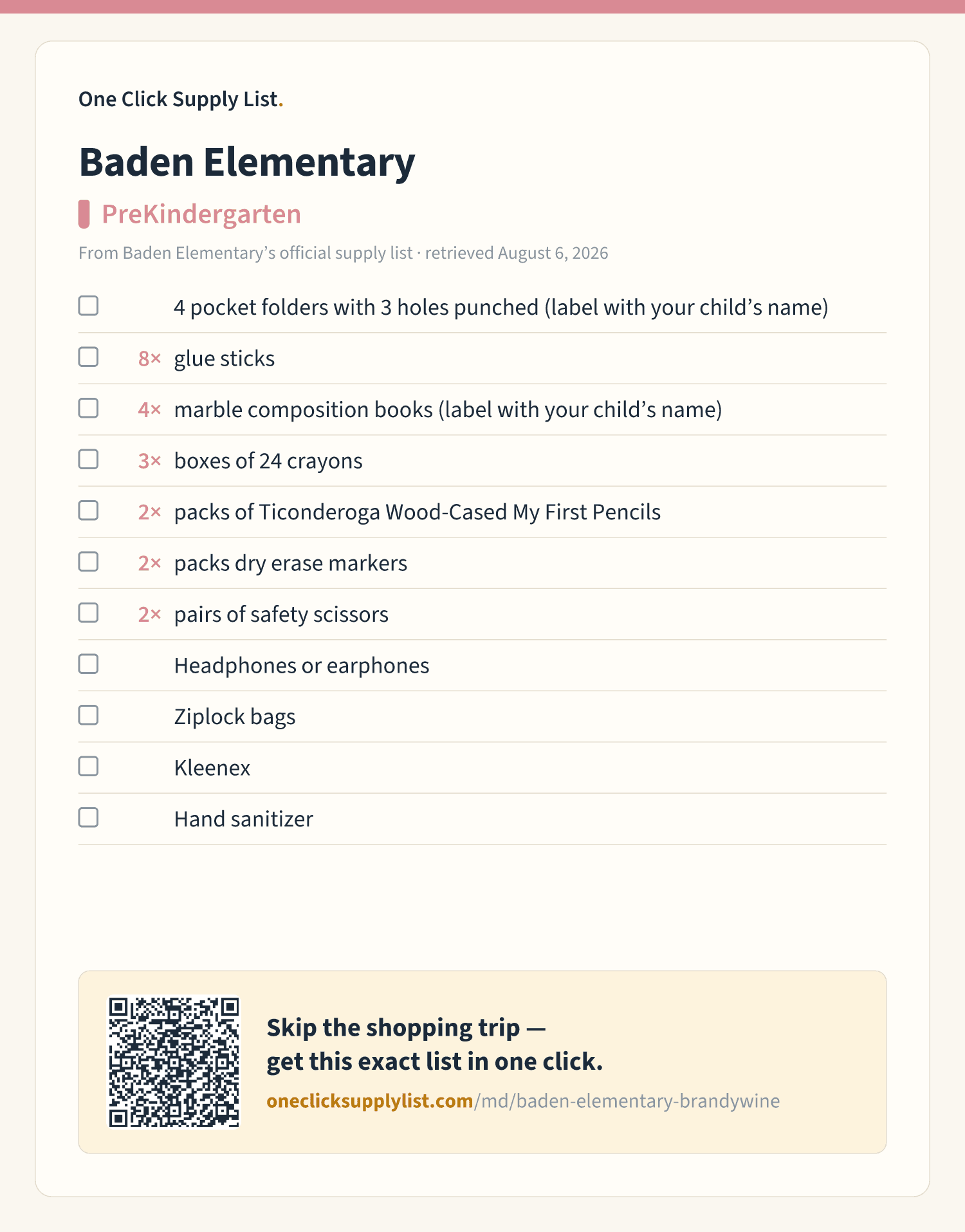 Baden Elementary PreKindergarten supply list — printable image