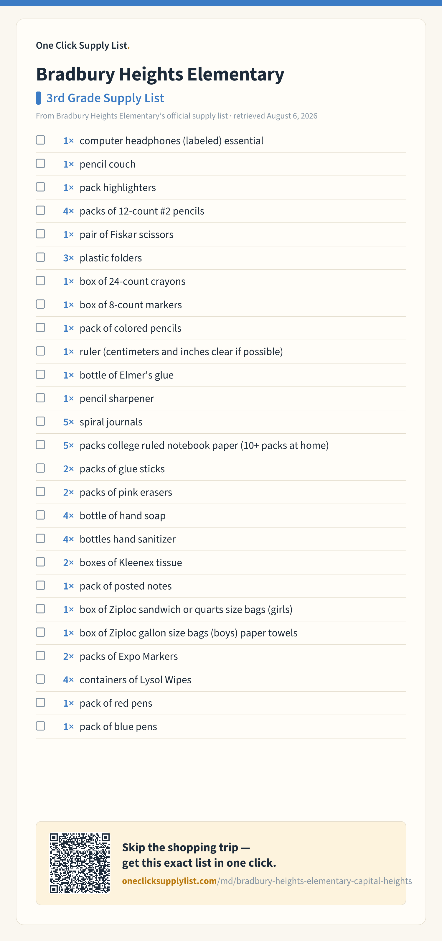 Bradbury Heights Elementary 3rd Grade Supply List supply list — printable image